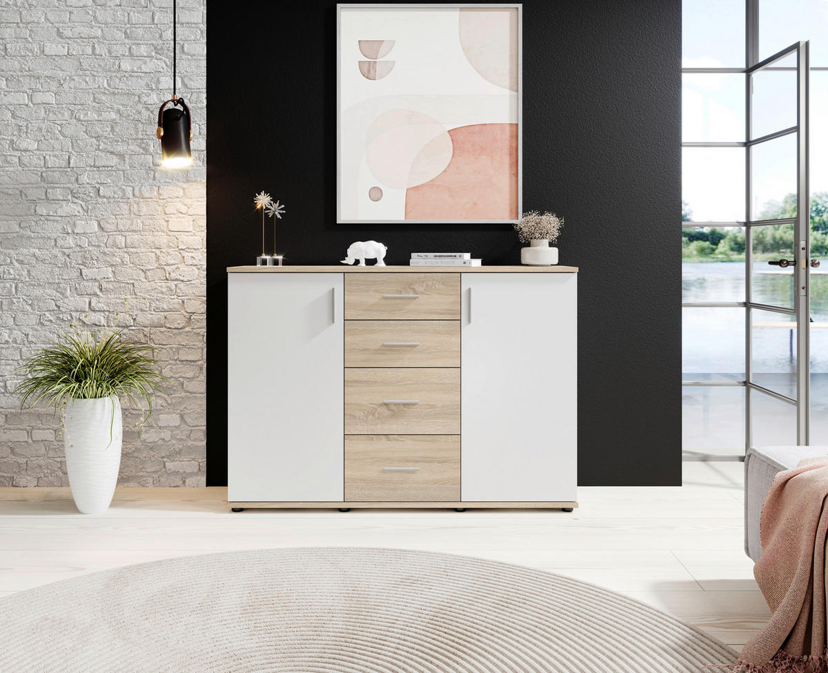KOMMODE 120/82/35 cm  in Weiß, Sonoma Eiche  - Silberfarben/Schwarz, Design, Holzwerkstoff/Kunststoff (120/82/35cm) - Carryhome