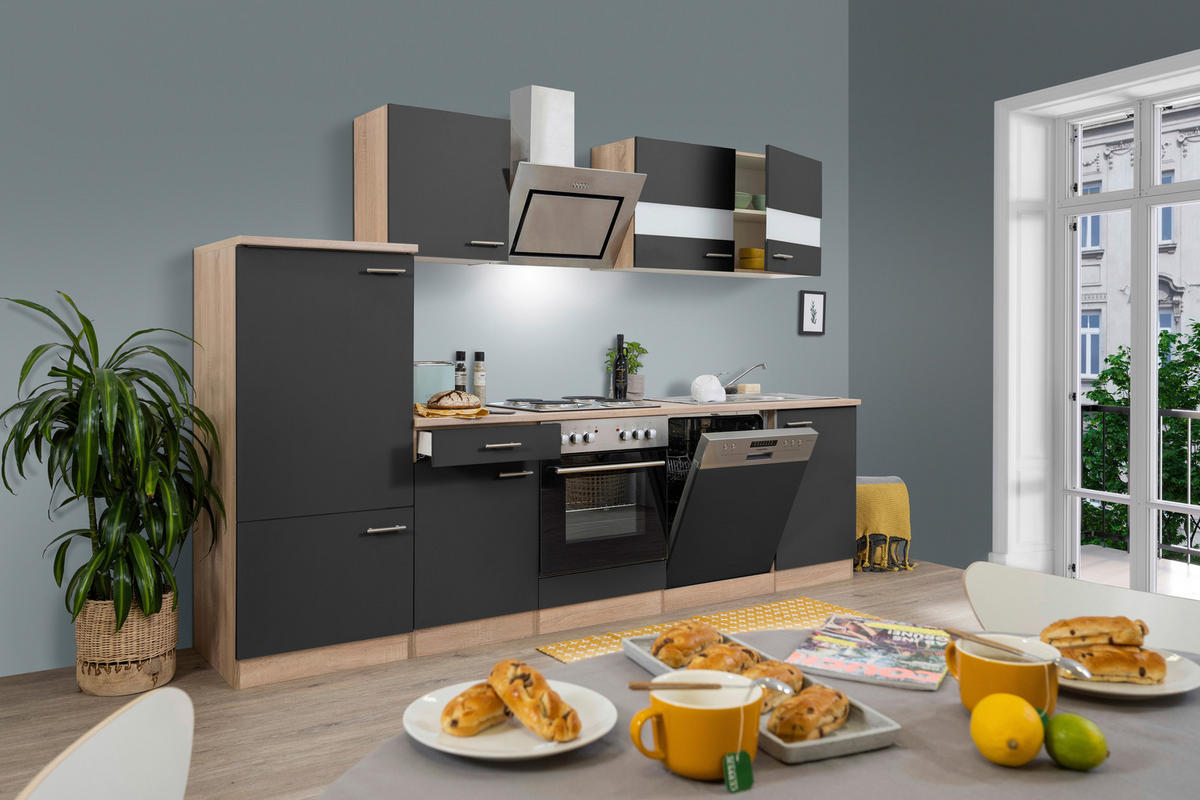 KÜCHENBLOCK 280 cm   in Grau  - Edelstahlfarben/Eichefarben, Basics, Holzwerkstoff/Metall (280cm) - Respekta