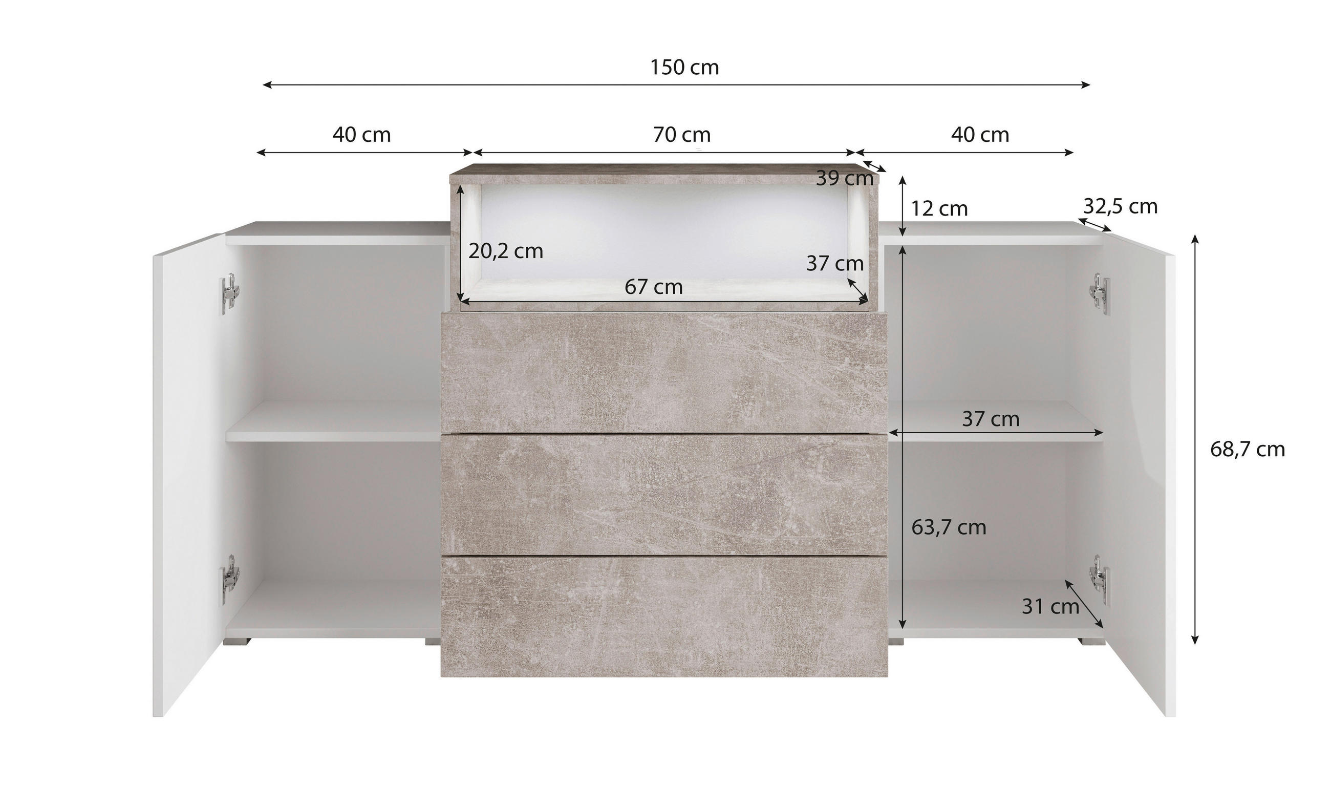 Thumbnail - P & B Sideboard Urban, Weiß, Eiche Wotan, Holzwerkstoff, 2 Fächer, 3 Schubladen, 150x68.7x32.5 cm, Fsc, Beleuchtung, ste...