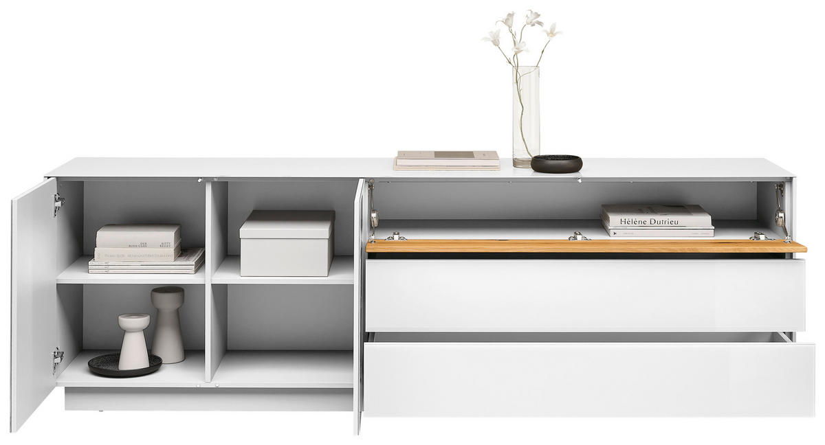 Comodă Joasă 207/69/42 cm  - alb/culoare lemn stejar, Design, sticlă/lemn (207/69/42cm) - Novel