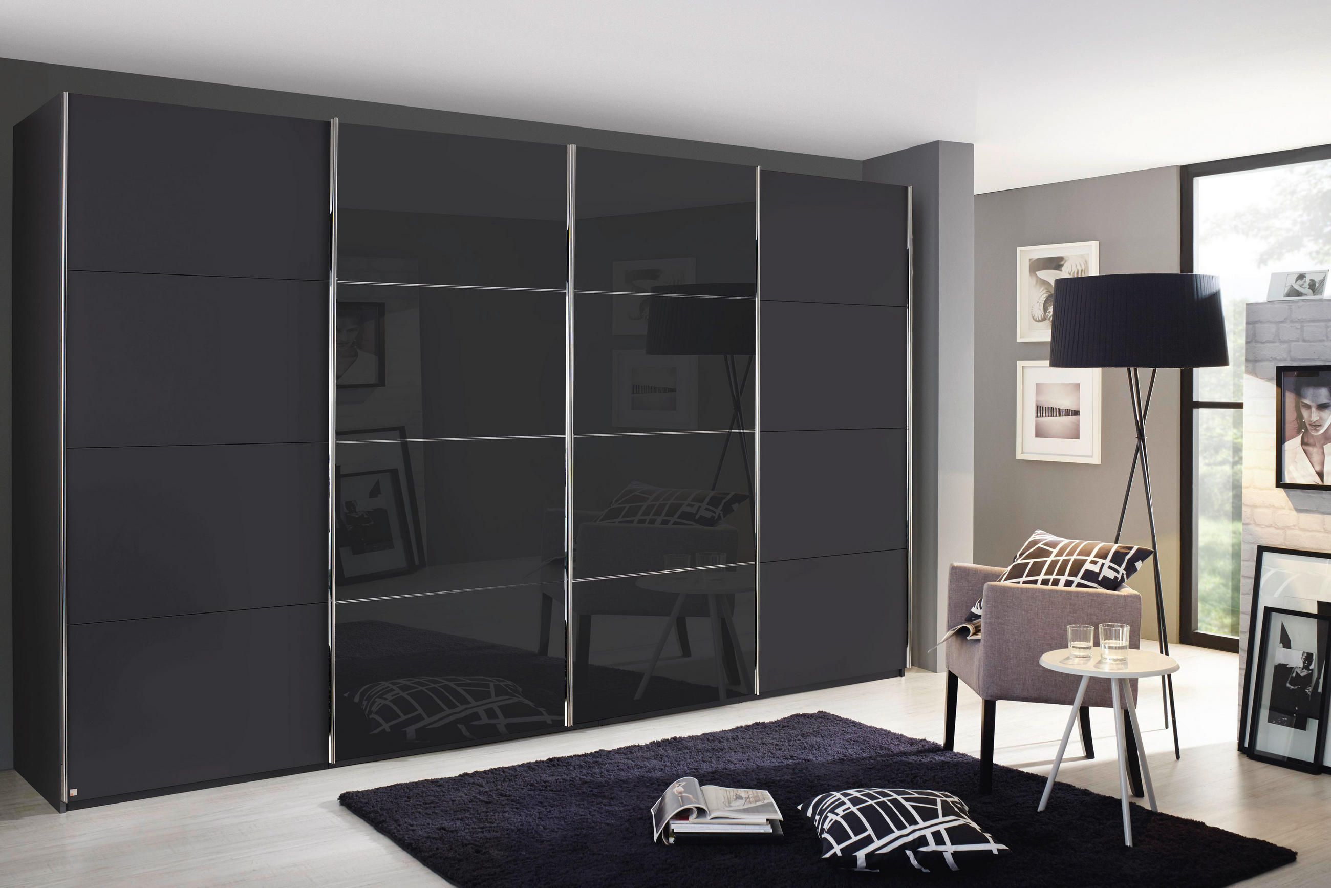 SCHWEBETÜRENSCHRANK in Graphitfarben, Schwarz  - Chromfarben/Graphitfarben, Konventionell, Glas/Holzwerkstoff (361/235/68cm) - Novel