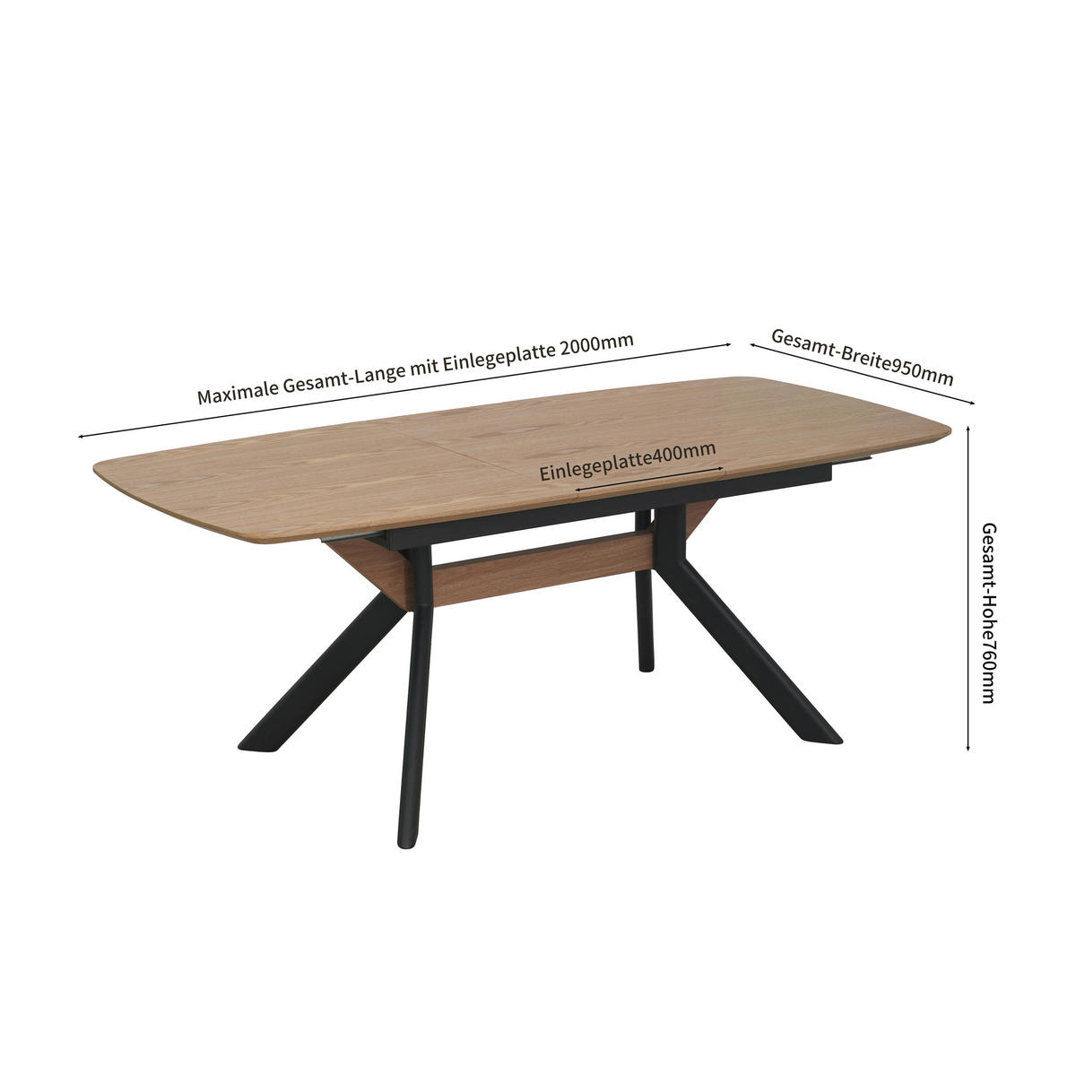 ESSTISCH 160/200/95/76 cm Nachbildung  Metall, Holzwerkstoff ausziehbar rechteckig Naturfarben, Schwarz  - Schwarz/Naturfarben, MODERN, Holzwerkstoff/Metall (160/200/95/76cm) - Livetastic