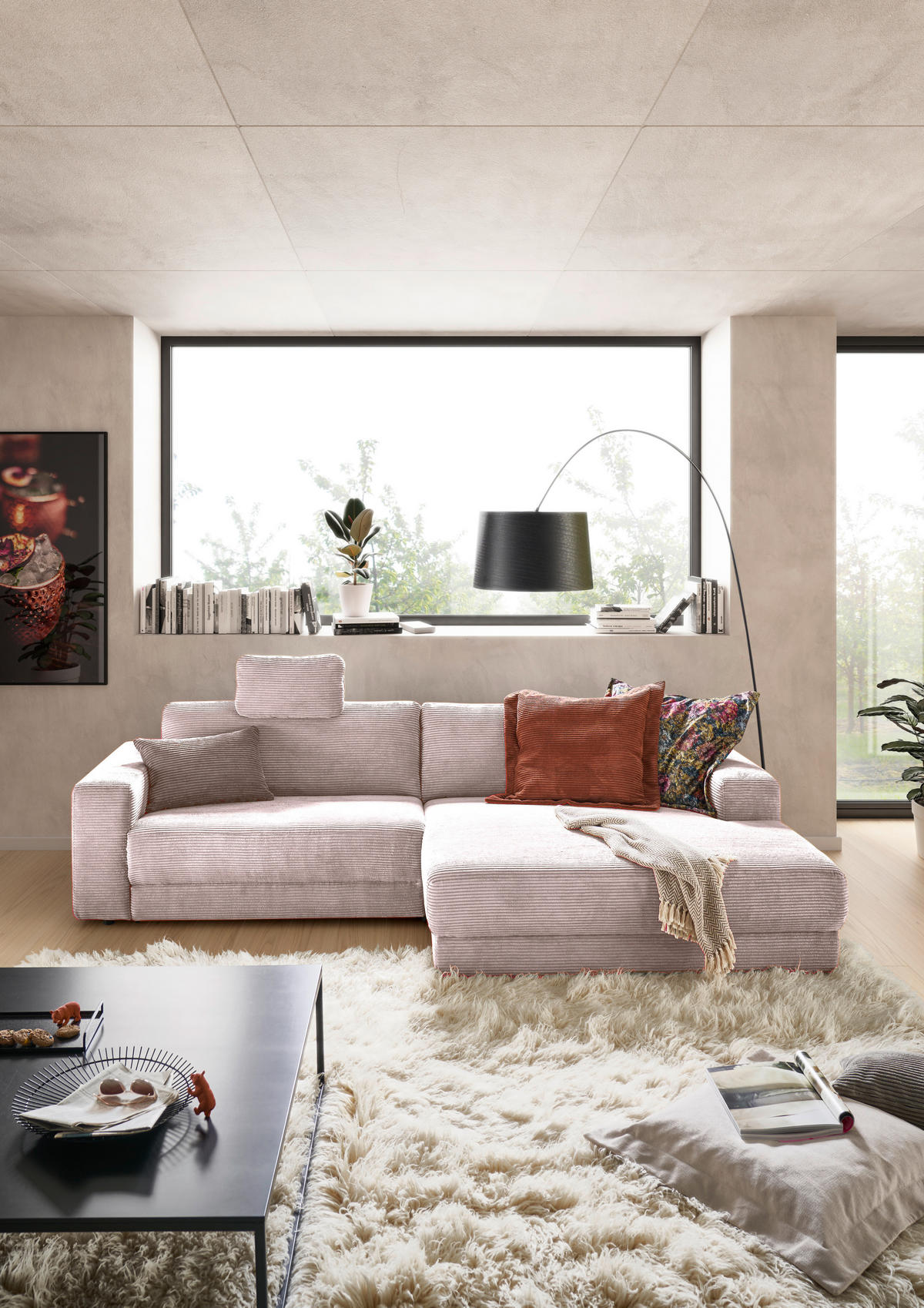 ECKSOFA in Cord Rosa  - Schwarz/Rosa, Design, Kunststoff/Textil (296/168cm) - Pure Home Lifestyle