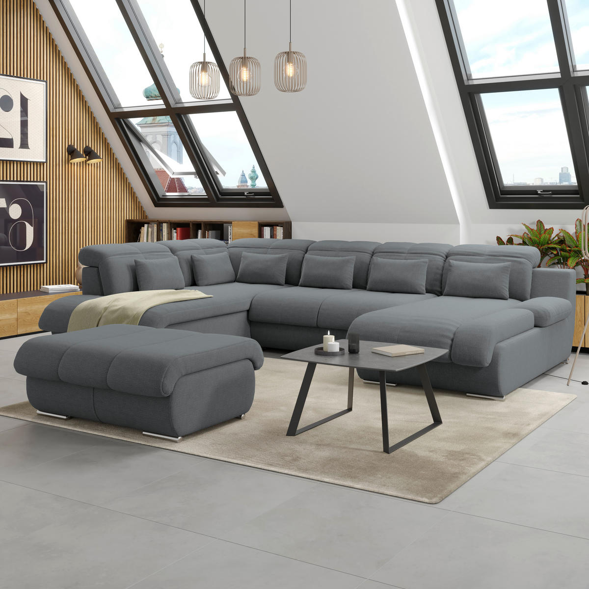 WOHNLANDSCHAFT MULTI Anthrazit Chenille  - Chromfarben/Anthrazit, MODERN, Textil/Metall (228/345/184cm) - Livetastic