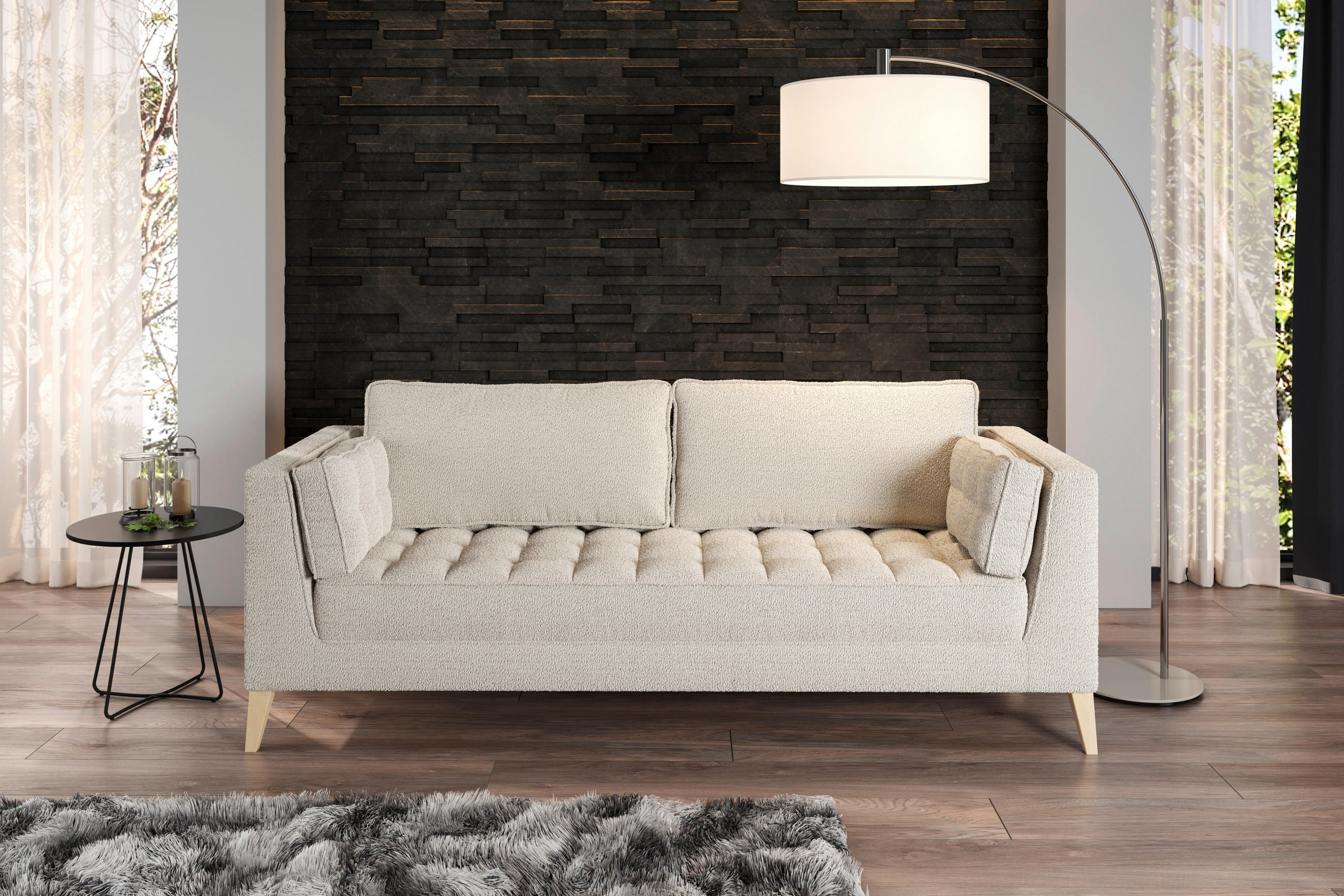 2-SITZER-SOFA Bouclé Weiß  - Naturfarben/Weiß, Design, Holzwerkstoff/Textil (110/95/85cm) - MID.YOU