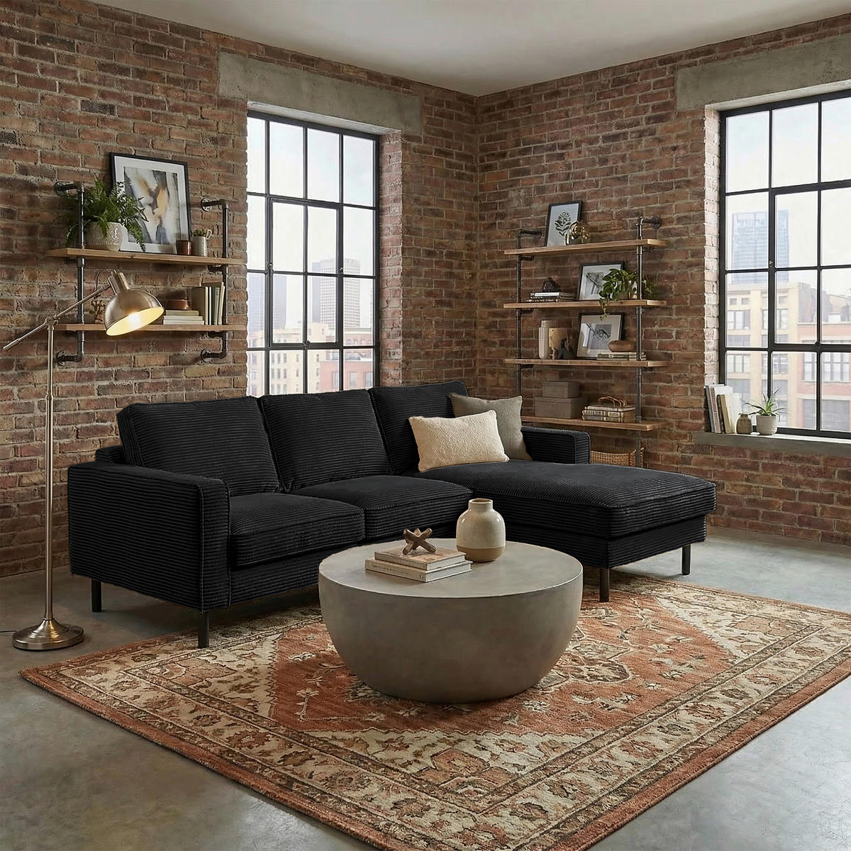 ECKSOFA Cord Schwarz  - Schwarz, Design, Textil/Metall (238/166cm) - Livetastic