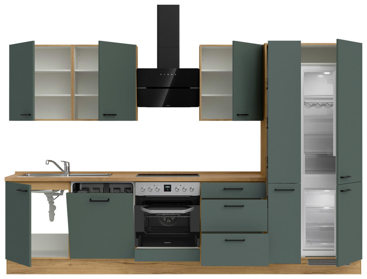 KÜCHENBLOCK 330 cm   in Eichefarben, Dunkelgrün  - Dunkelgrün/Eichefarben, MODERN, Holzwerkstoff/Metall (330cm) - Nobilia