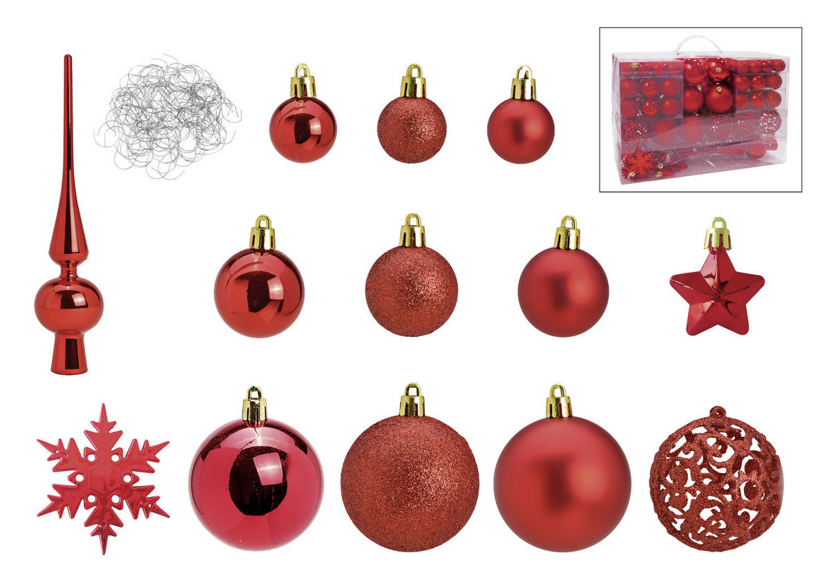 CHRISTBAUMKUGEL-SET 111-teilig  - Rot, Trend, Kunststoff (36/23/12cm) - X-Mas