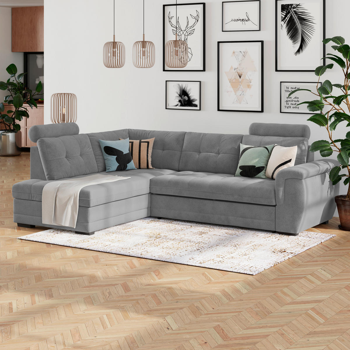 ECKSOFA Grau Mikrofaser, Struktur Bettkasten, Schlaffunktion, Rücken echt, Kopfteilverstellung, Kopfstütze  - Schwarz/Grau, KONVENTIONELL, Kunststoff/Textil (251/183cm) - MID.YOU