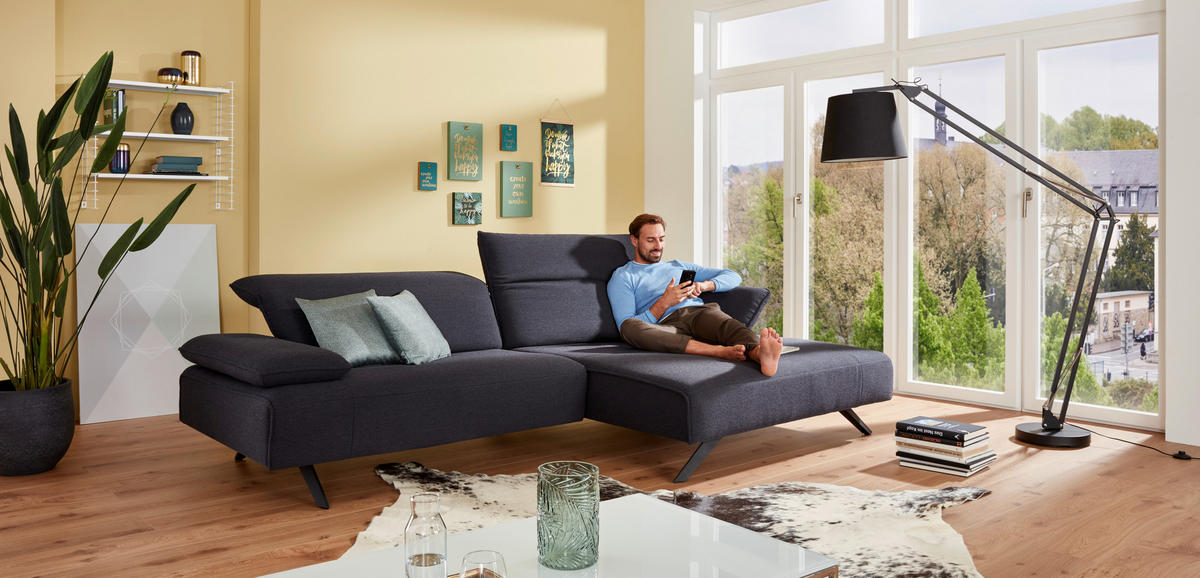 ECKSOFA in Flachgewebe Dunkelblau  - Anthrazit/Dunkelblau, Design, Textil/Metall (280/164cm) - Johann Jakob
