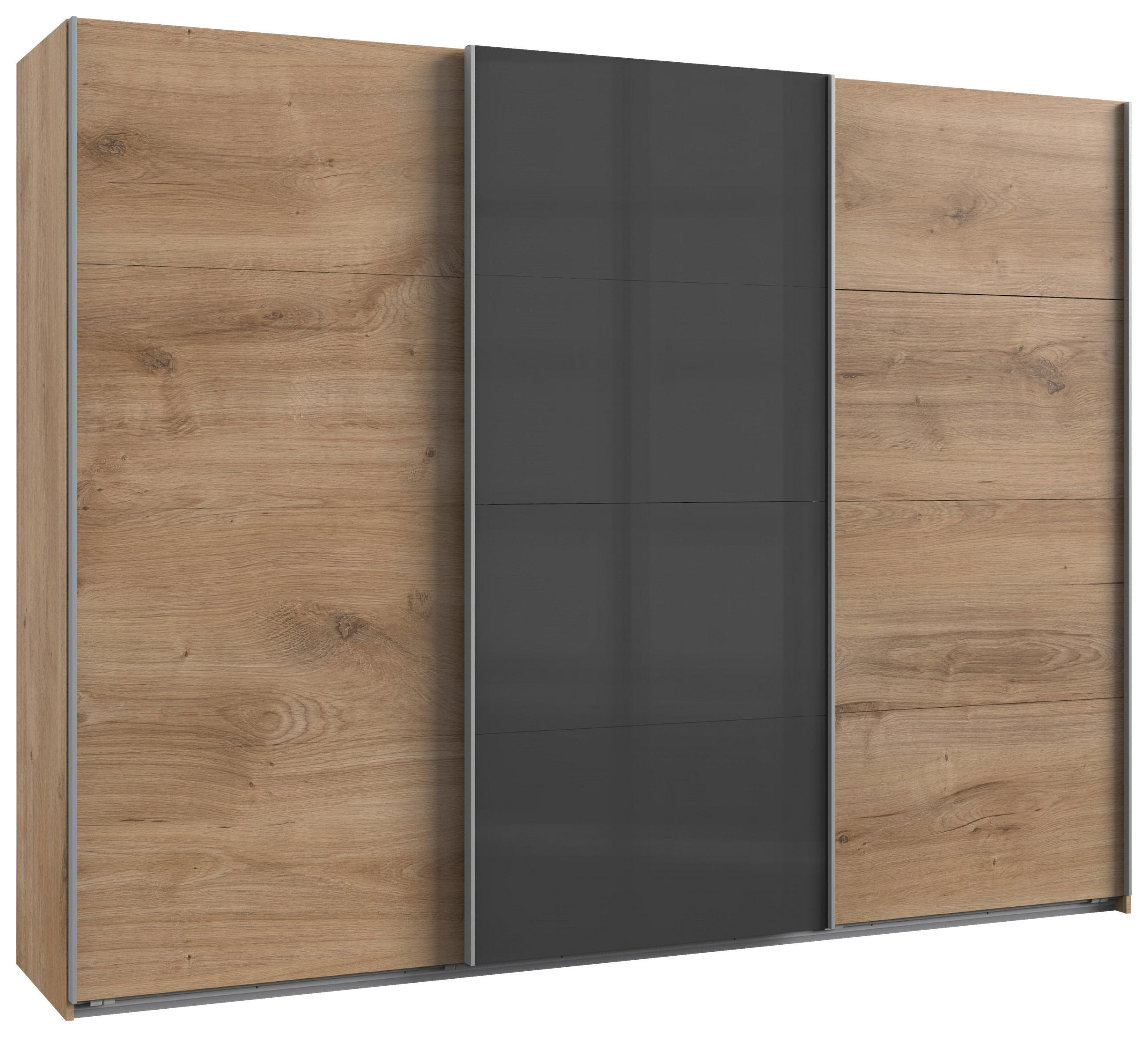 Carryhome Schwebetürenschrank Dunkelgrau, Plankeneiche 270x210x65 cm