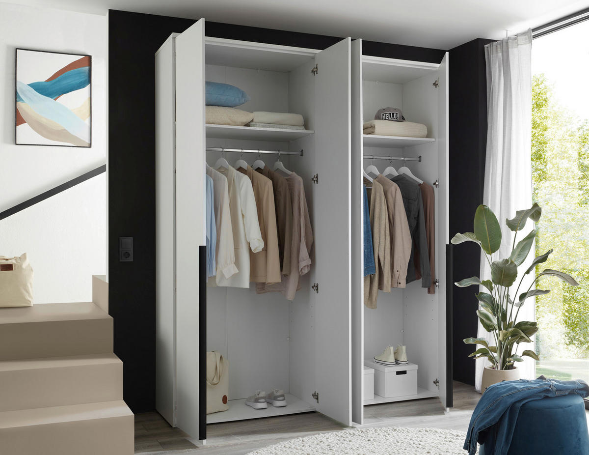 DREHTÜRENSCHRANK 180/225/52 cm,  in Weiß, 4-türig  - Schwarz/Weiß, MODERN, Glas/Holzwerkstoff (180/225/52cm) - MID.YOU