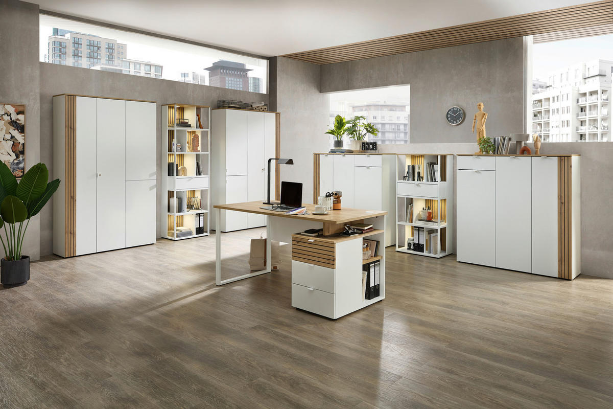 SCHREIBTISCH 150/77/73 cm Weiß, Eiche Artisan Kabeldurchlass, Stauraum  - Weiß/Eiche Artisan, KONVENTIONELL, Holzwerkstoff/Metall (150/77/73cm) - Voleo