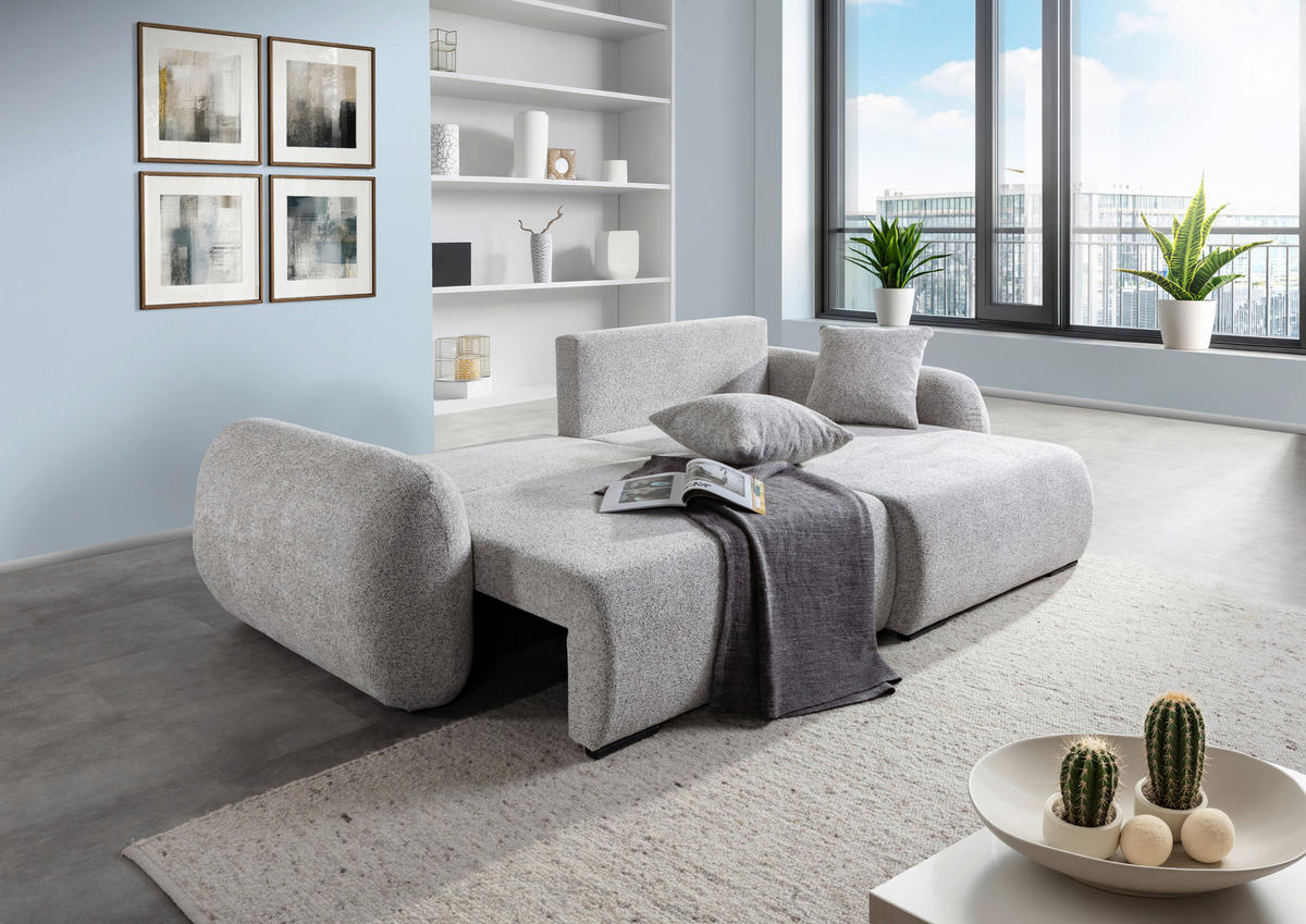 ECKSOFA Grau Flachgewebe Zierkissen, Rückenkissen, Bettkasten, Schlaffunktion, Rücken echt, Liegefläche im Originalstoff  - Schwarz/Grau, KONVENTIONELL, Kunststoff/Textil (250/145cm) - Carryhome