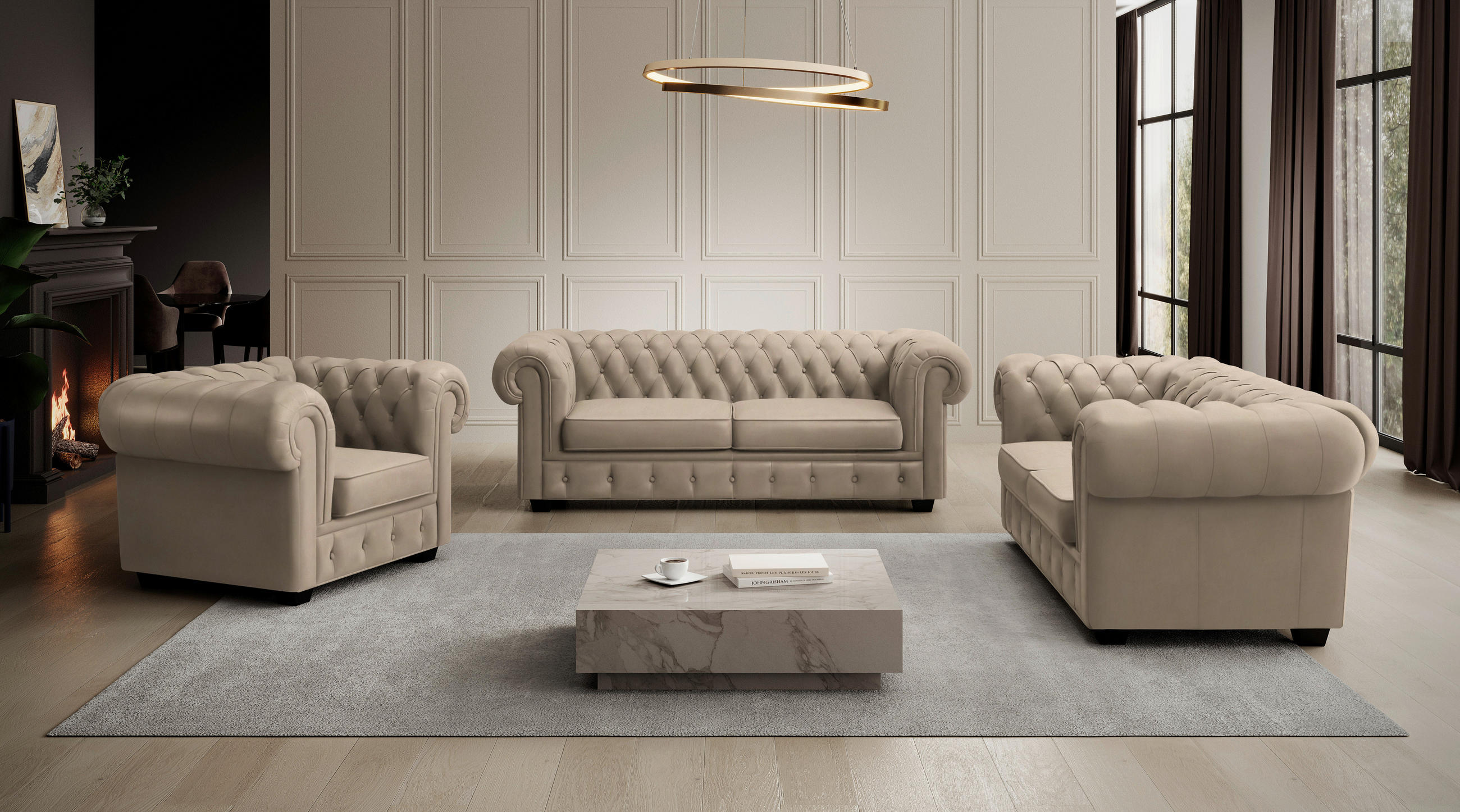 CHESTERFIELD-SOFA in Lederlook Beige  - Wengefarben/Beige, Lifestyle, Holz/Textil (206/76,5/96cm) - Landscape