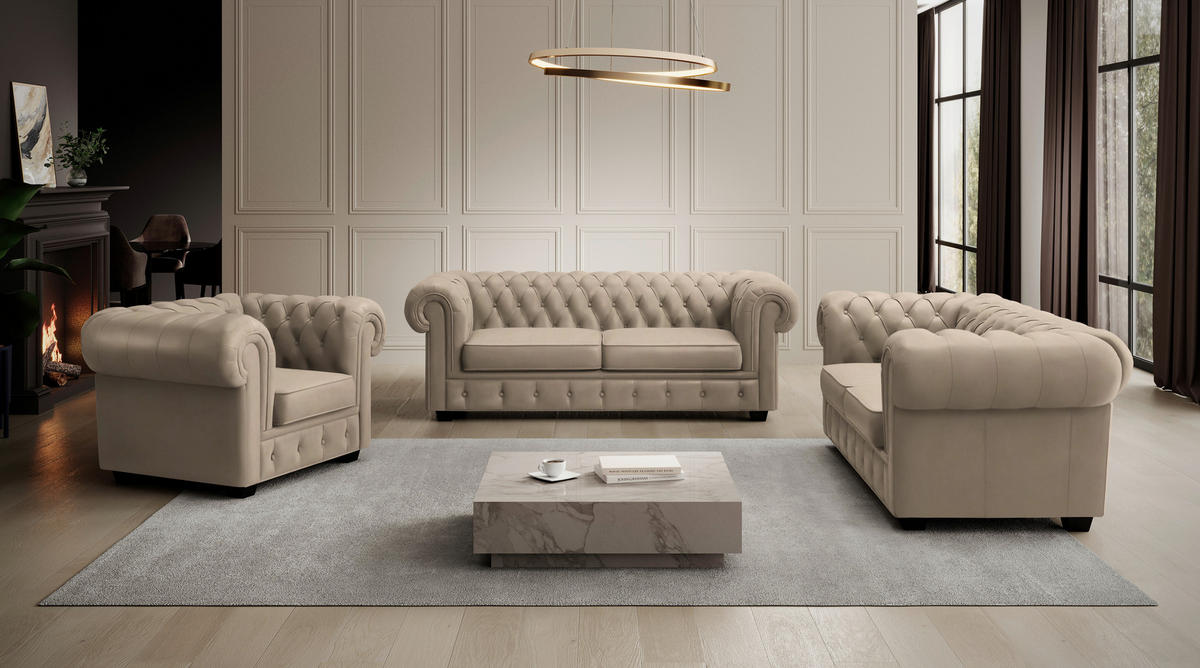 CHESTERFIELD-SOFA in Lederlook Beige  - Wengefarben/Beige, Lifestyle, Holz/Textil (206/76,5/96cm) - Landscape