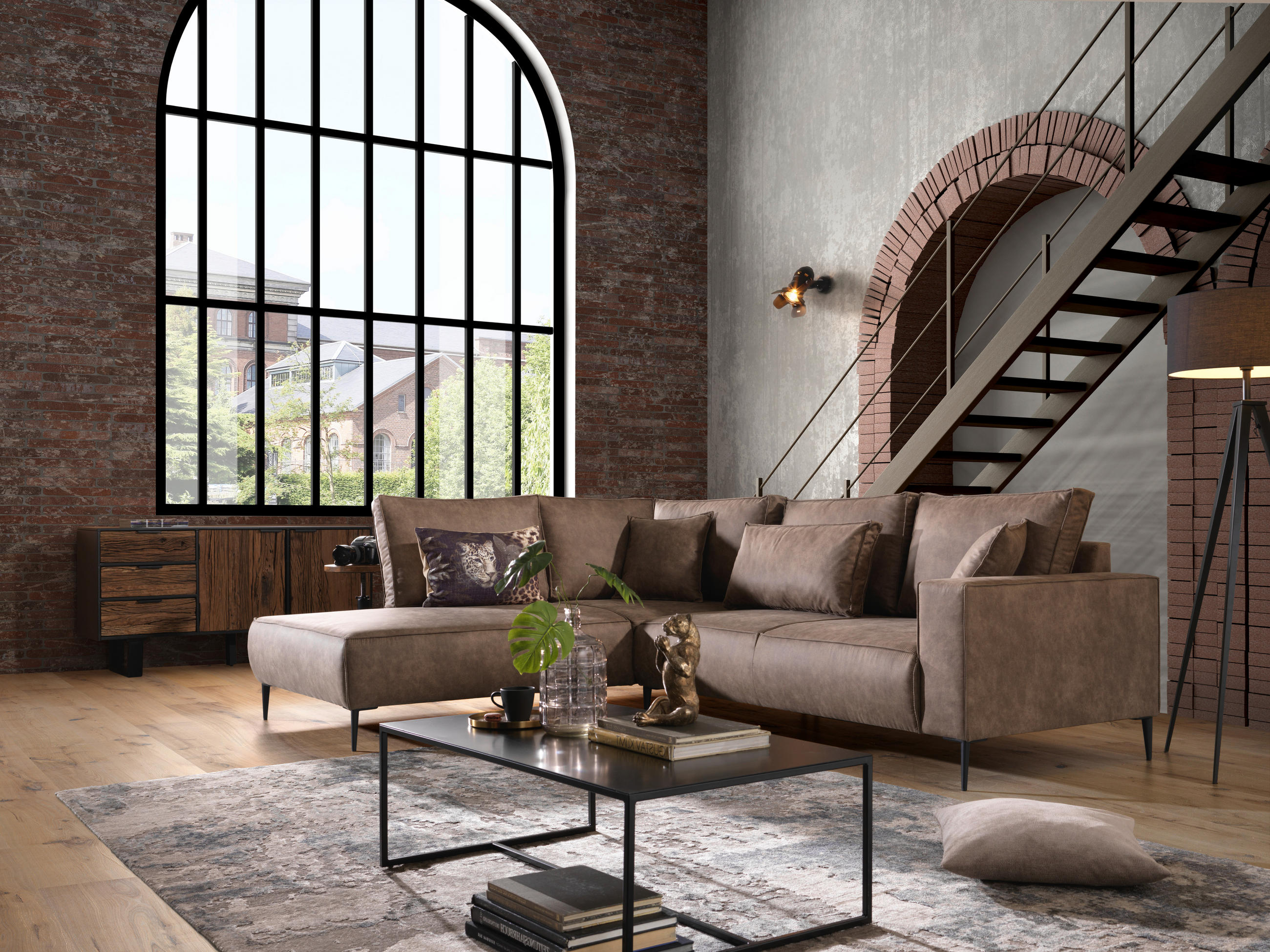 Ecksofa Braun Lederlook  - Schwarz/Braun, Design, Textil/Metall (222/272cm) - Livetastic