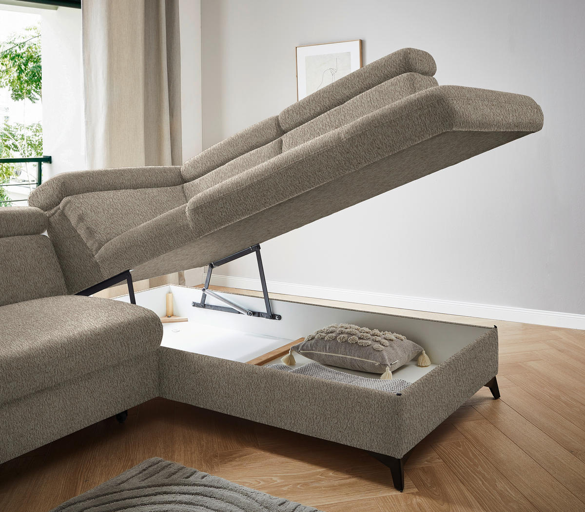 ECKSOFA in Teddystoff Braun  - Schwarz/Braun, Design, Textil/Metall (260/203cm) - Stylife