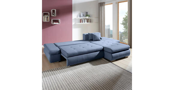 ECKSOFA Blau Webstoff Zierkissen, Rückenkissen, Bettkasten, Schlaffunktion, Rücken echt, Armteilverstellung  - Chromfarben/Blau, Design, Kunststoff/Textil (302/187cm) - Carryhome