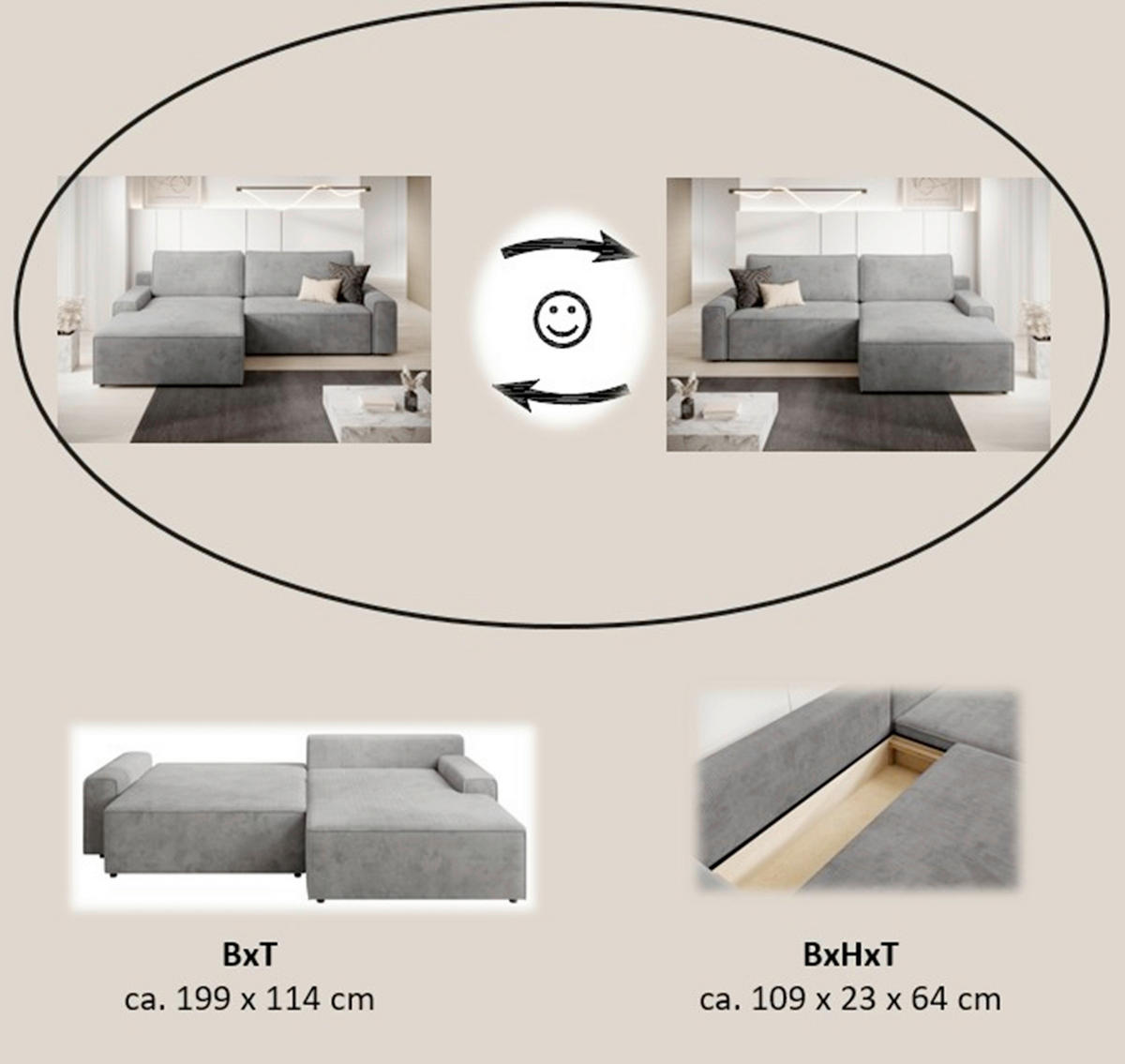 ECKSCHLAFSOFA CHALLANGE in Cord Dunkelgrau  - Dunkelgrau/Schwarz, MODERN, Kunststoff/Textil (246/168cm) - Trendmanufaktur