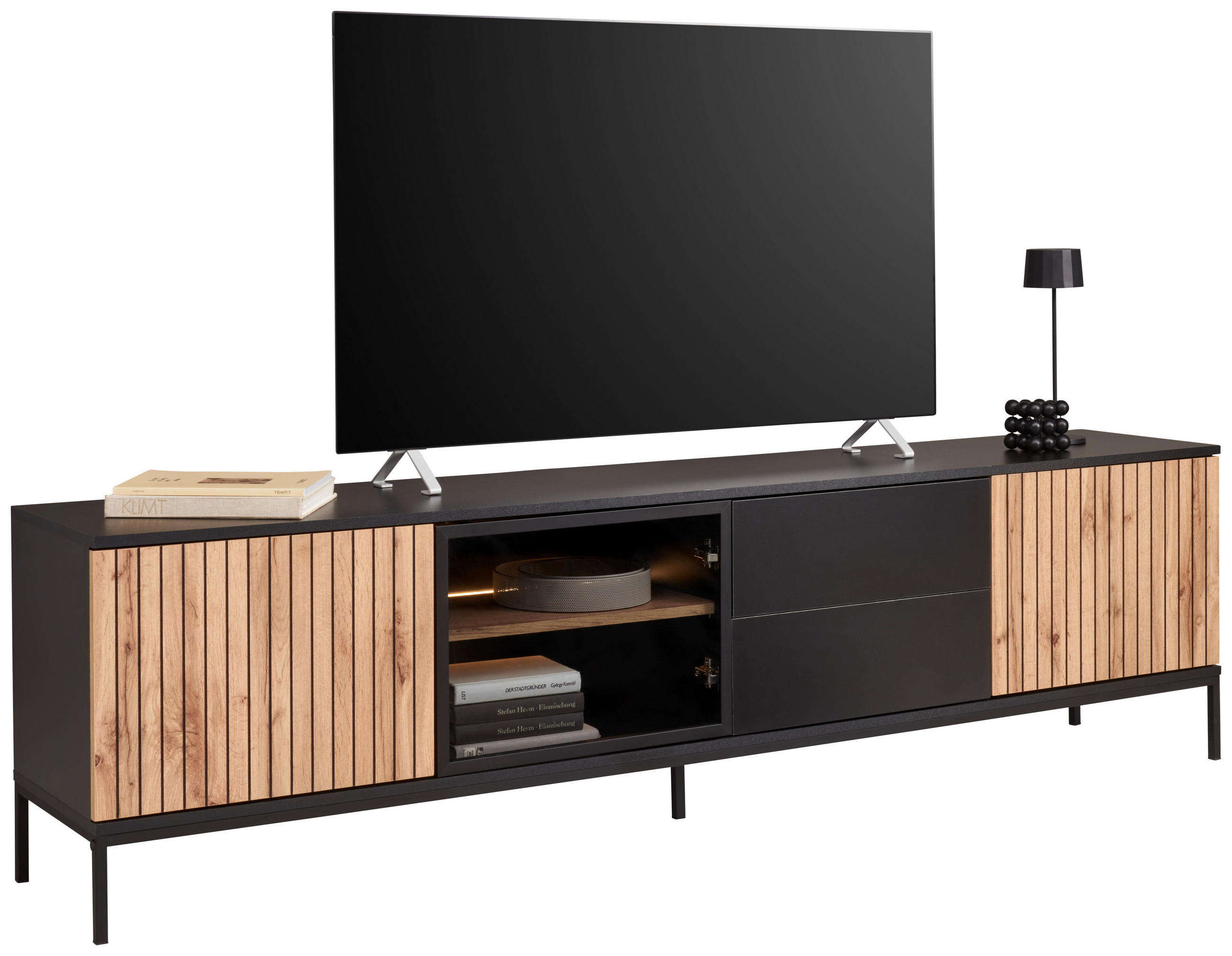 LOWBOARD  in 205,8/56/38 cm  - Eiche Wotan/Schwarz, KONVENTIONELL, Glas/Holzwerkstoff (205,8/56/38cm) - Xora