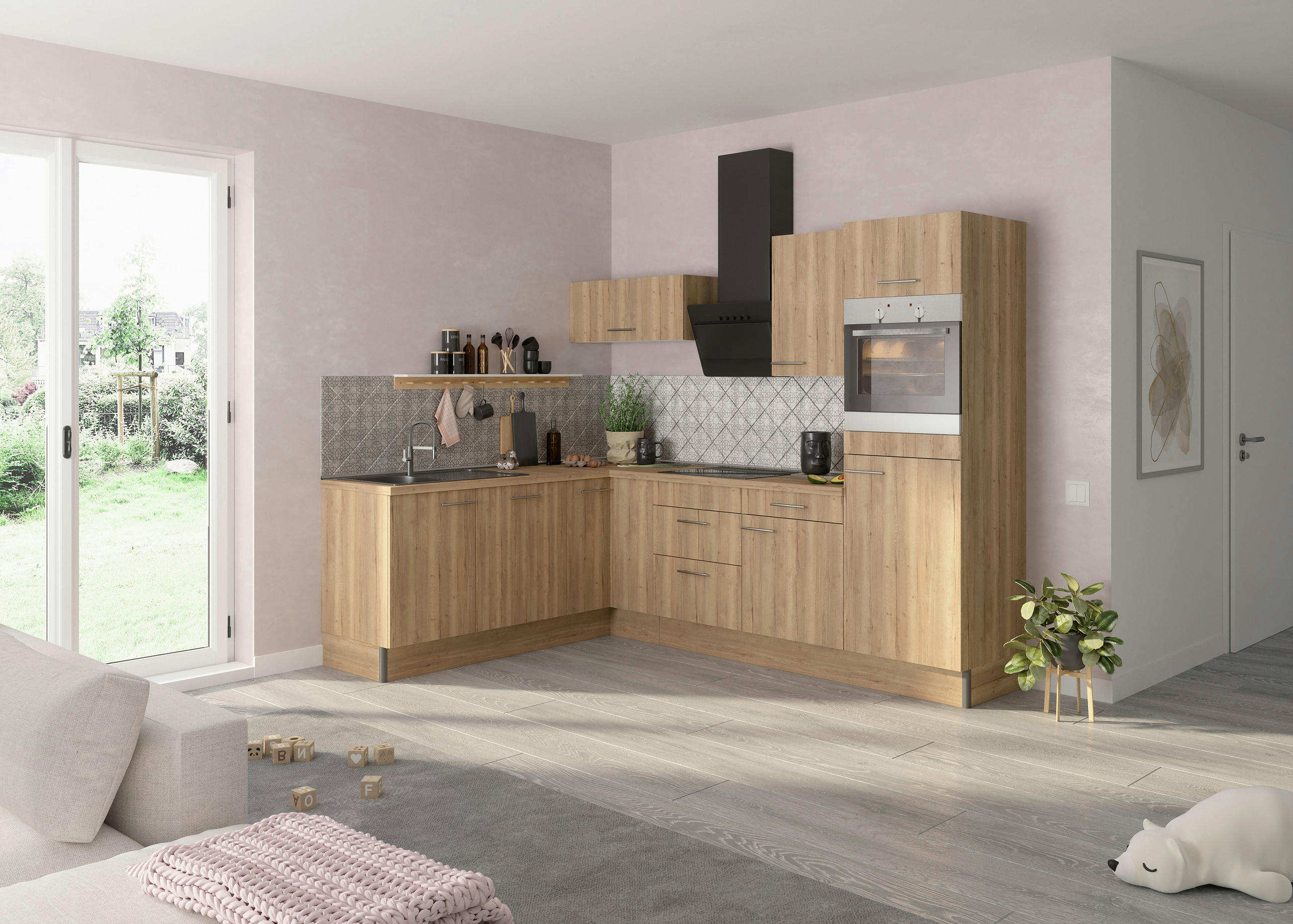ECKKÜCHE 200/270 cm in Eichefarben - Edelstahlfarben/Eichefarben, Basics, Holzwerkstoff/Metall (200/270cm) - Optifit