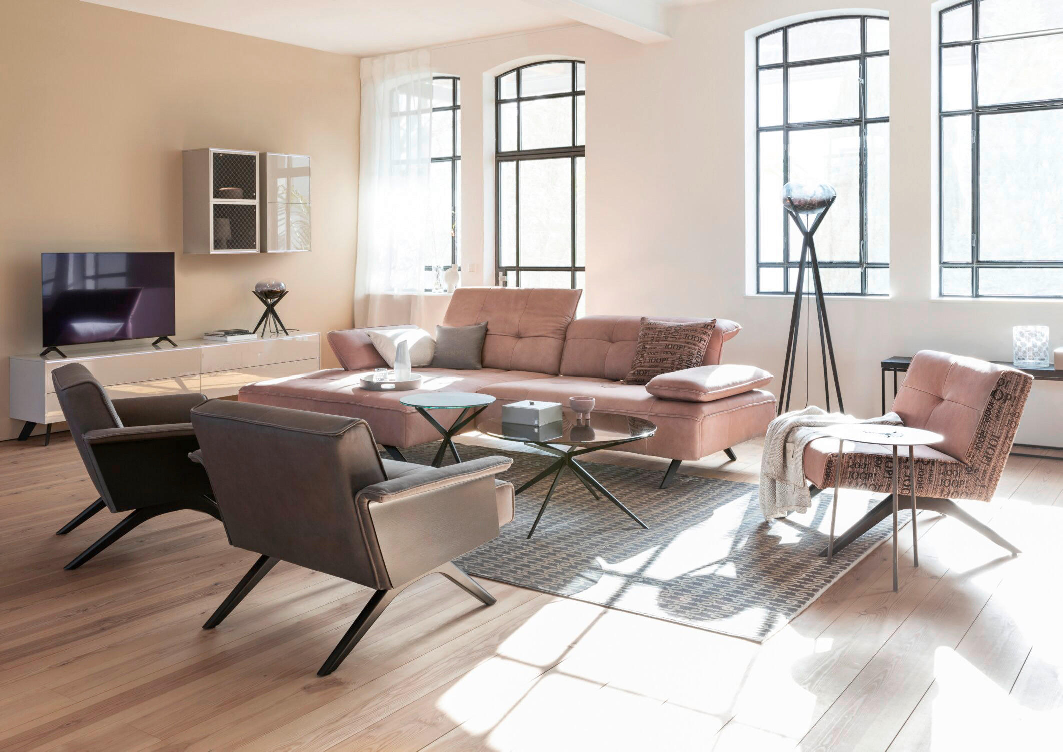 ECKSOFA Altrosa Echtleder  - Anthrazit/Altrosa, Design, Leder/Metall (165/280cm) - Joop!