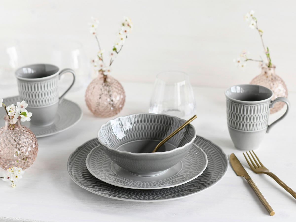 KOMBINOVANÝ SERVIS, 16-dielne, porcelán - svetlosivá, Design, keramika - Creatable