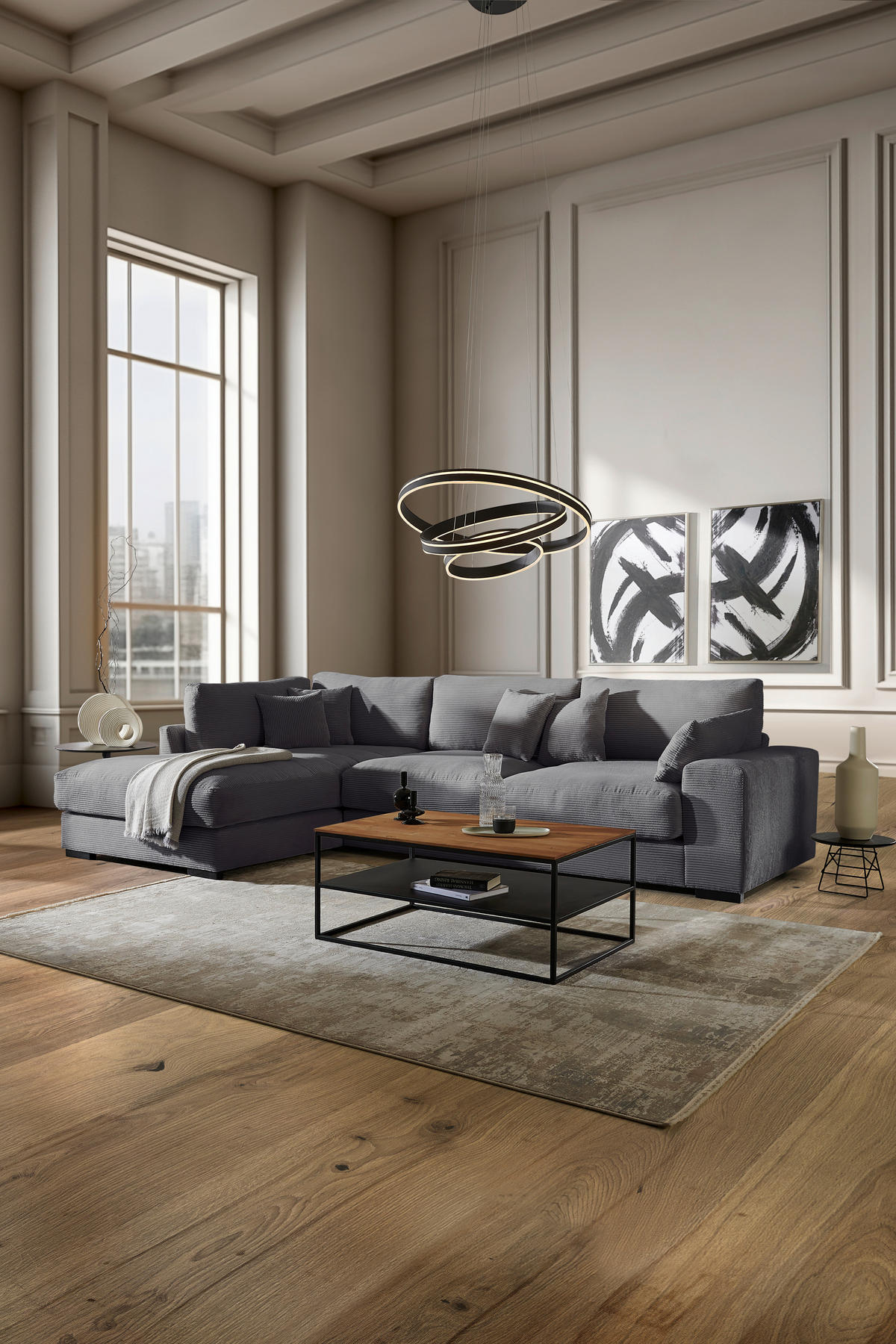 ECKSOFA in Cord Graphitfarben  - Schwarz/Graphitfarben, Design, Kunststoff/Textil (205/340cm) - Lomoco