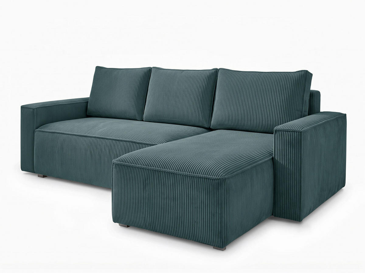 ECKSOFA Petrol Cord Rückenkissen, Bettkasten, Schlaffunktion, Rücken echt, Liegefläche im Originalstoff  - Petrol/Schwarz, MODERN, Kunststoff/Textil (232/140cm) - Xora