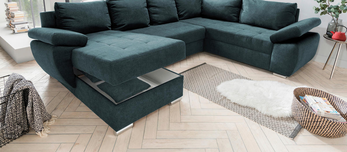 WOHNLANDSCHAFT Petrol Mikrofaser  - Chromfarben/Petrol, KONVENTIONELL (157/305/219cm) - Livetastic