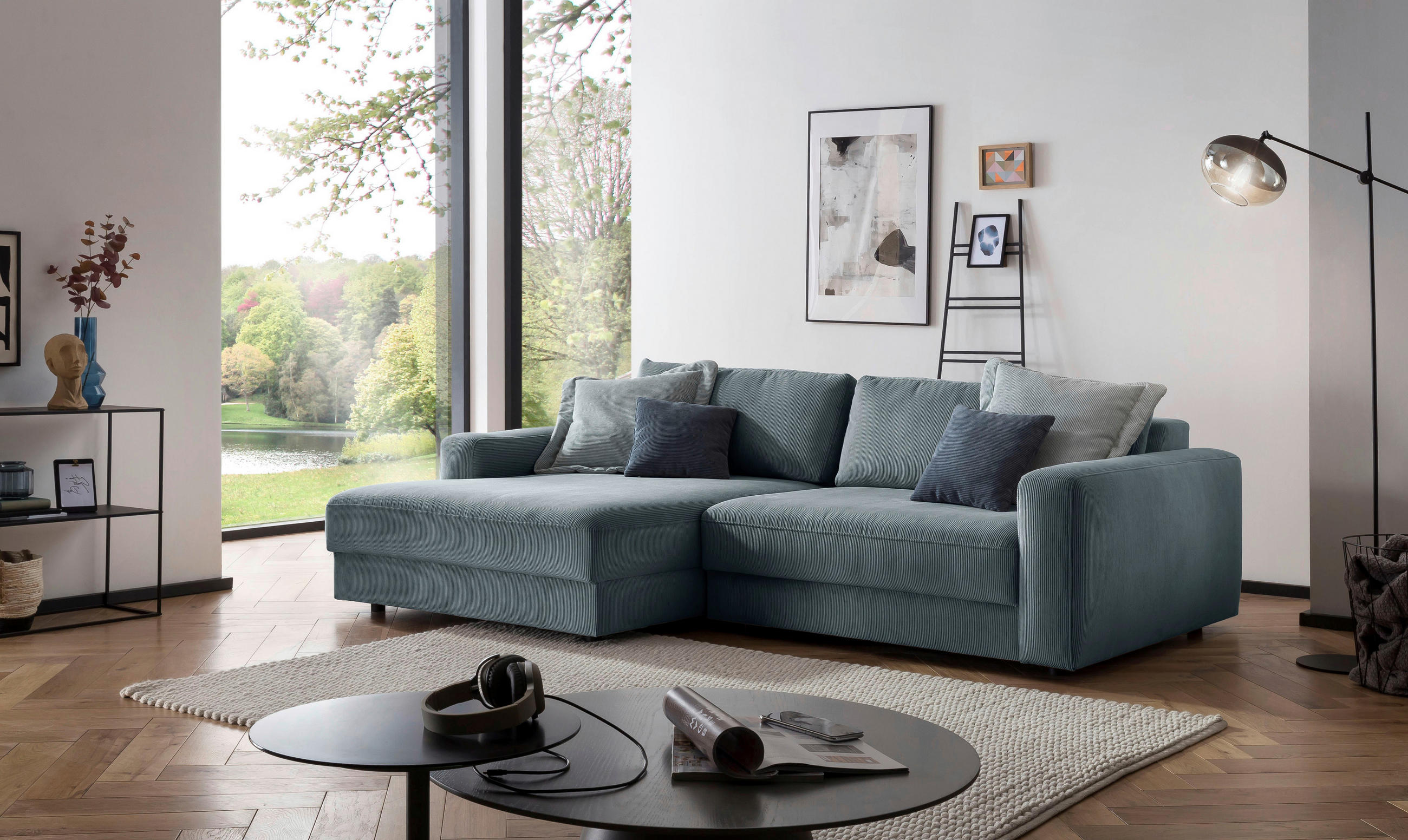 ECKSOFA Blaugrau Cord  - Blaugrau/Schwarz, MODERN, Textil (176/250cm) - MID.YOU