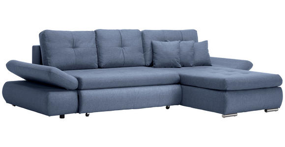 ECKSOFA Blau Webstoff Zierkissen, Rückenkissen, Bettkasten, Schlaffunktion, Rücken echt, Armteilverstellung  - Chromfarben/Blau, Design, Kunststoff/Textil (302/187cm) - Carryhome