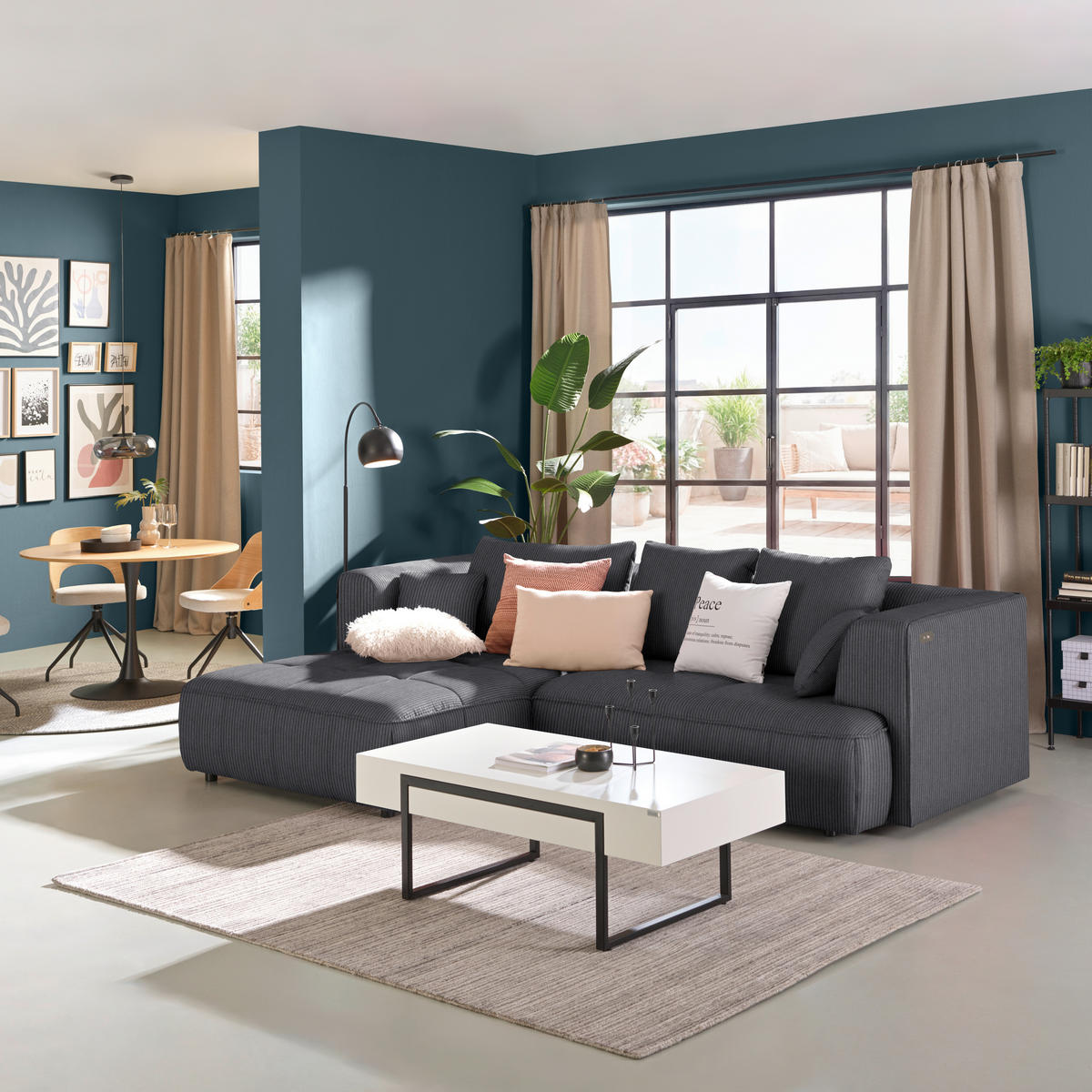 ECKSOFA Feincord Dunkelgrau  - Dunkelgrau/Schwarz, Design, Kunststoff/Textil (188/288cm) - Welnova