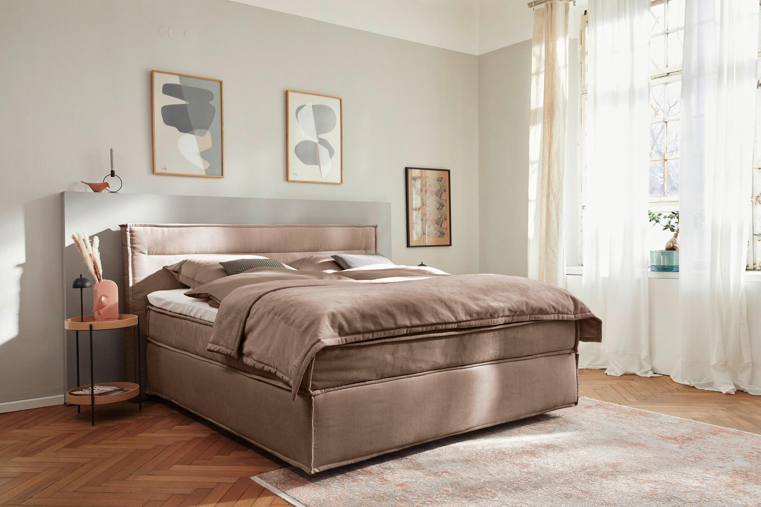 Thumbnail - Musterring Boxspringbett, Hellbraun, Textil, H2 + H3, 7-Zonen, Höhe ca. 22 cm, 200x200 cm, Dgm, Stoffauswahl, Schlafzimm...