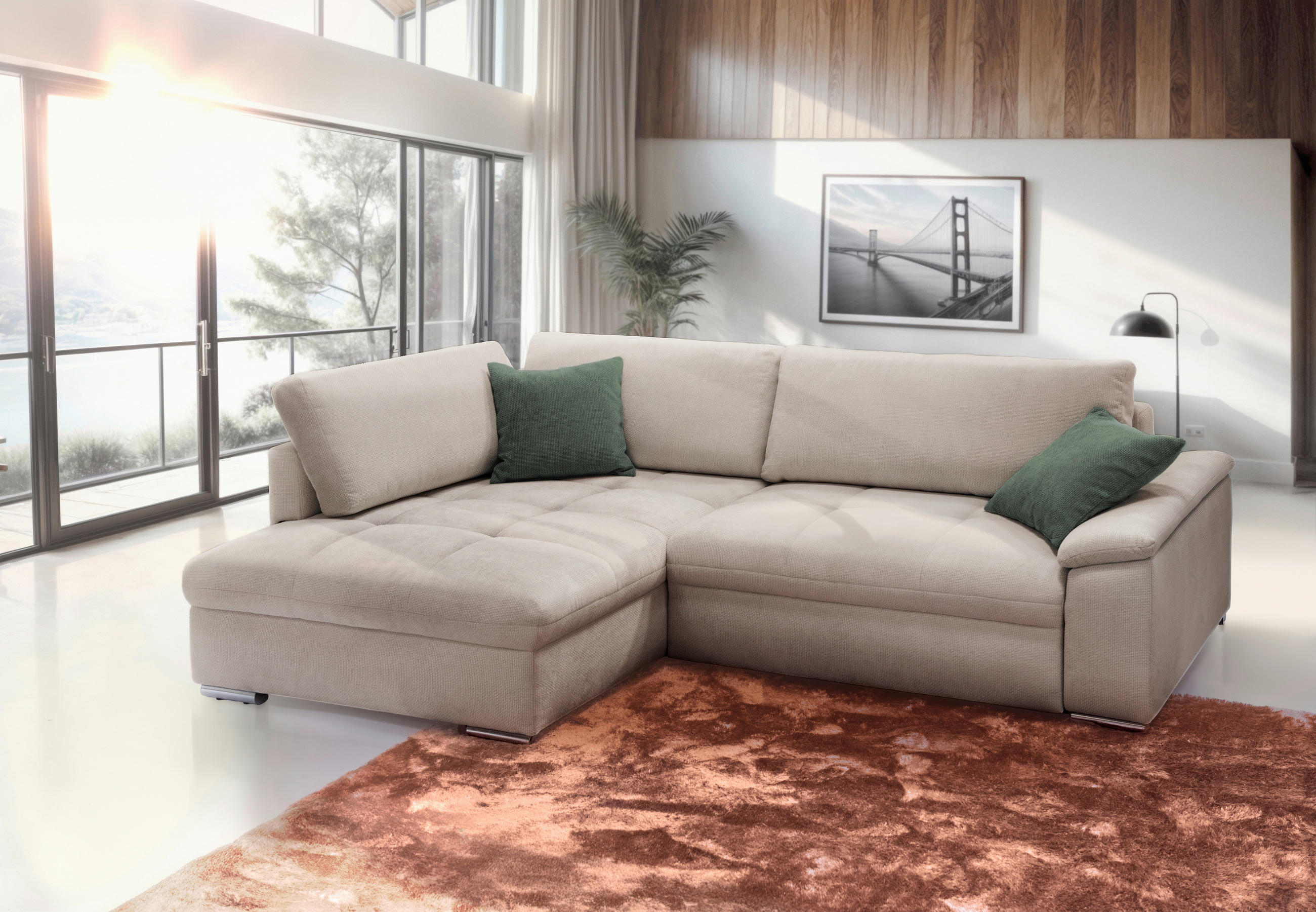 ECKSOFA in Chenille, Struktur Sandfarben  - Sandfarben/Silberfarben, Design, Textil/Metall (178/268cm) - Livetastic