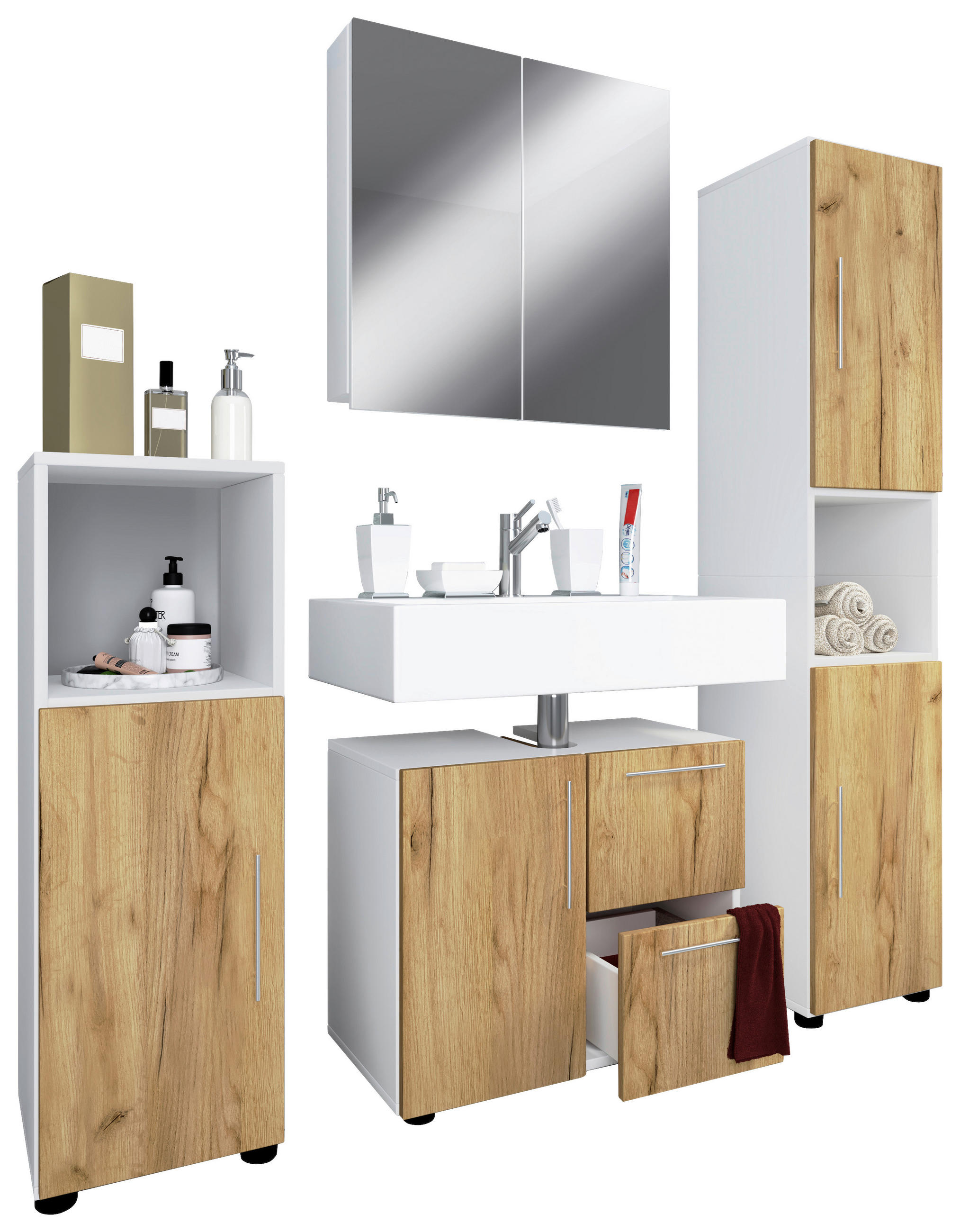BADEZIMMER 4-teilig in 123 cm - Honigeiche/Silberfarben, MODERN, Holzwerkstoff/Kunststoff (123cm) - MID.YOU