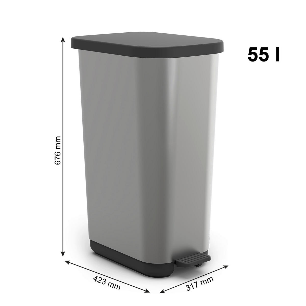 TRETEIMER Ribo 55 L  - Grau Hochglanz/Silberfarben, KONVENTIONELL, Kunststoff (42,3/31,7/67,6cm) - Rotho