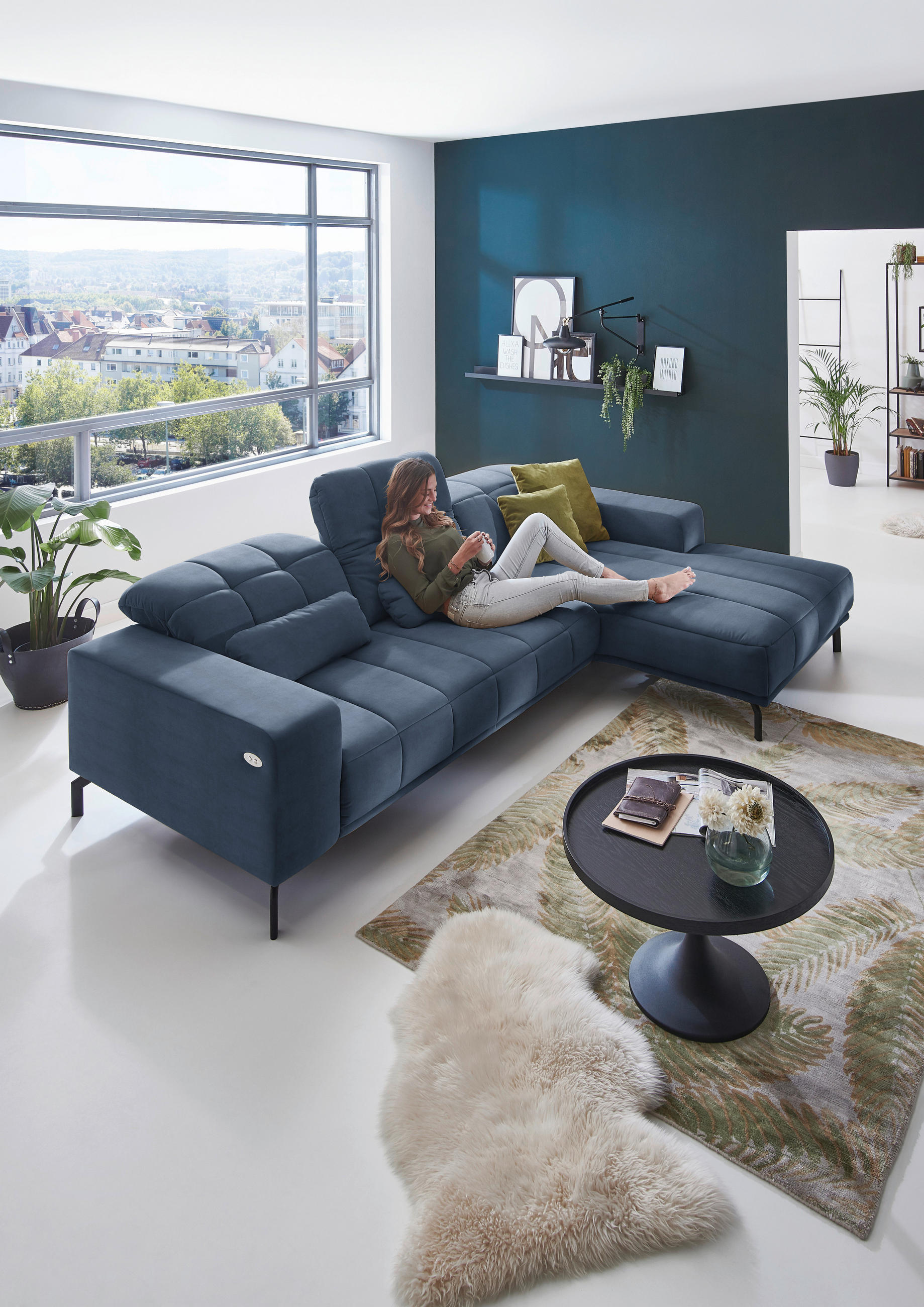 ECKSOFA in Velours Blau  - Blau/Schwarz, Design, Textil/Metall (293/195cm) - Beldomo Style
