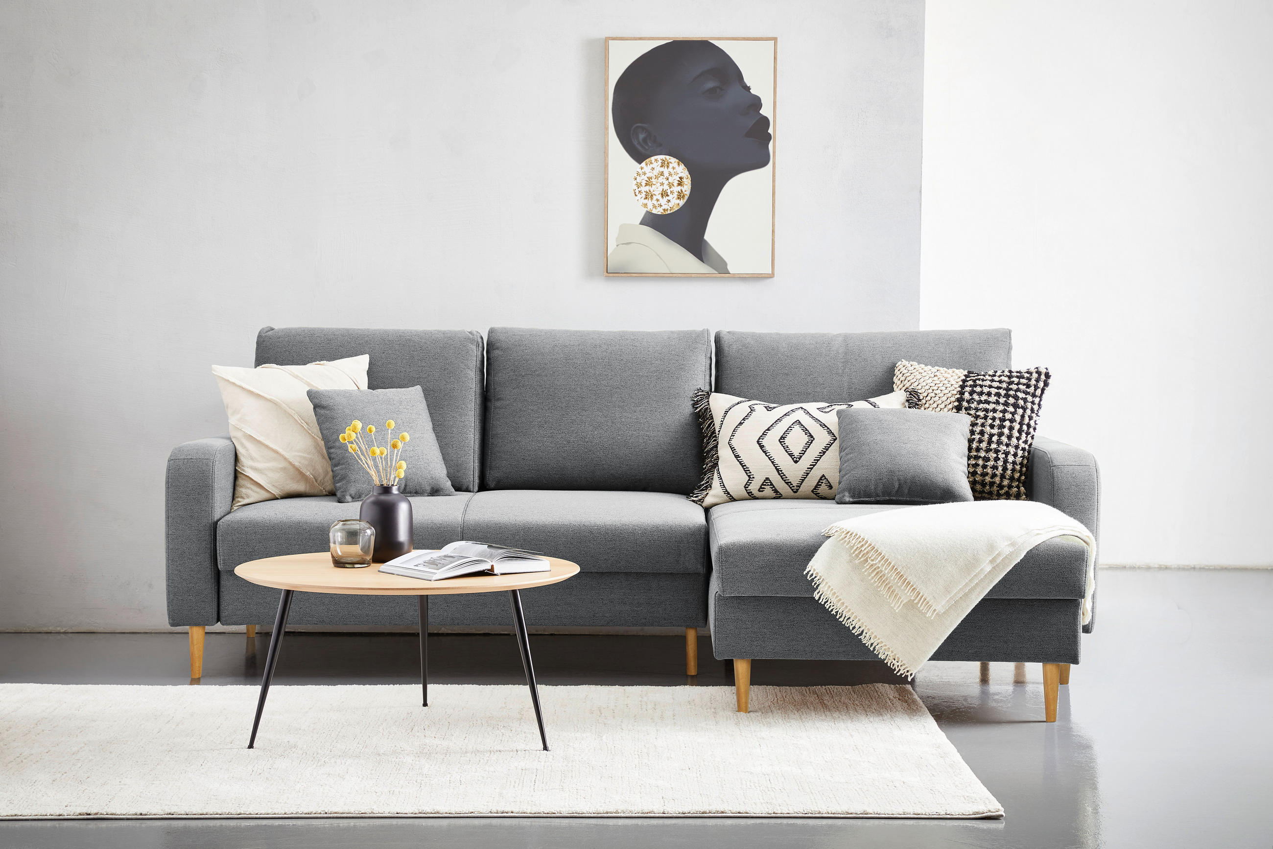 ECKSOFA in Flachgewebe Grau  - Eiche Wotan/Grau, Konventionell, Holz/Textil (255/157cm) - Carryhome
