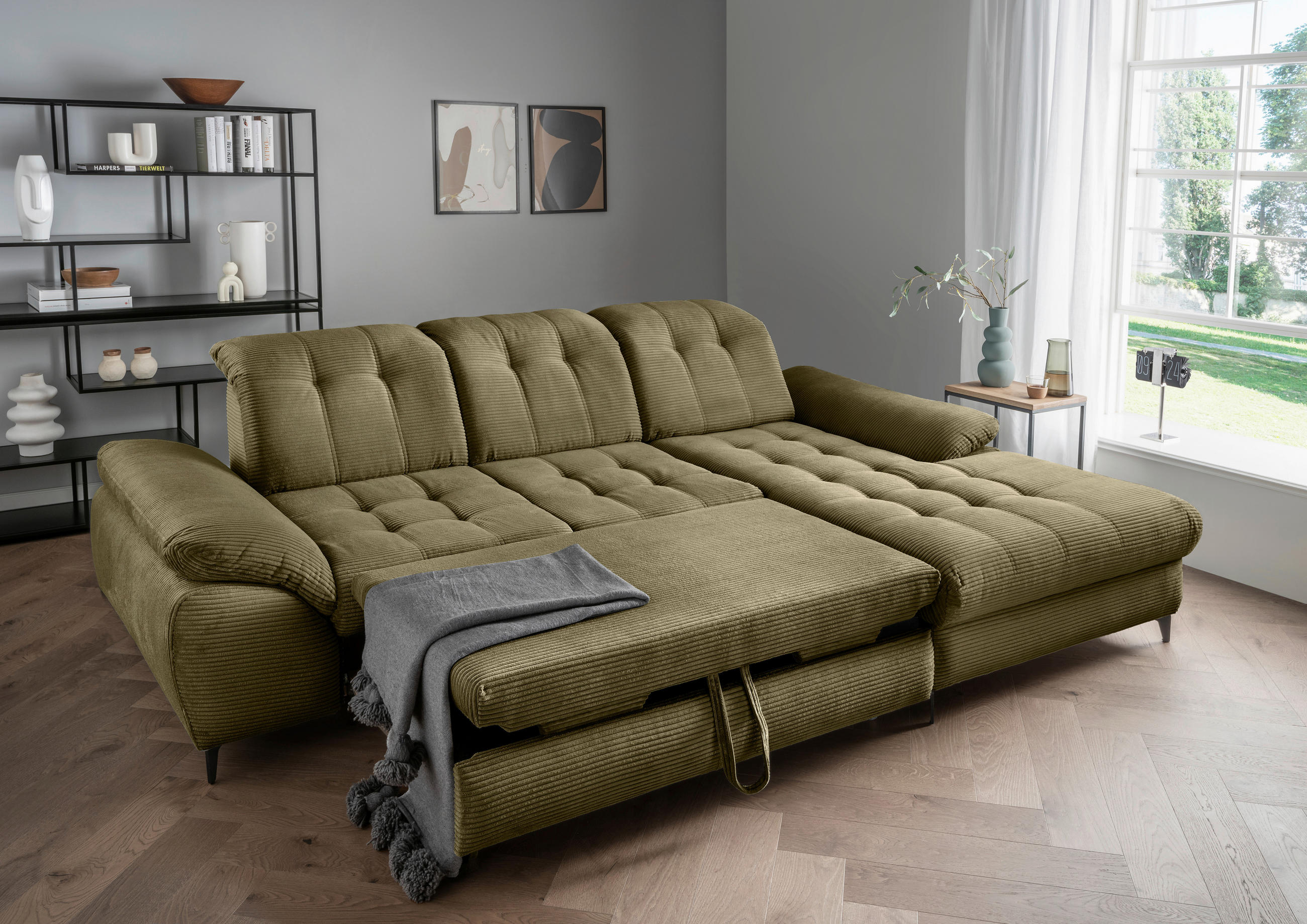 ECKSCHLAFSOFA in Cord Olivgrün  - Schwarz/Olivgrün, Modern, Textil/Metall (273/189cm) - Livetastic