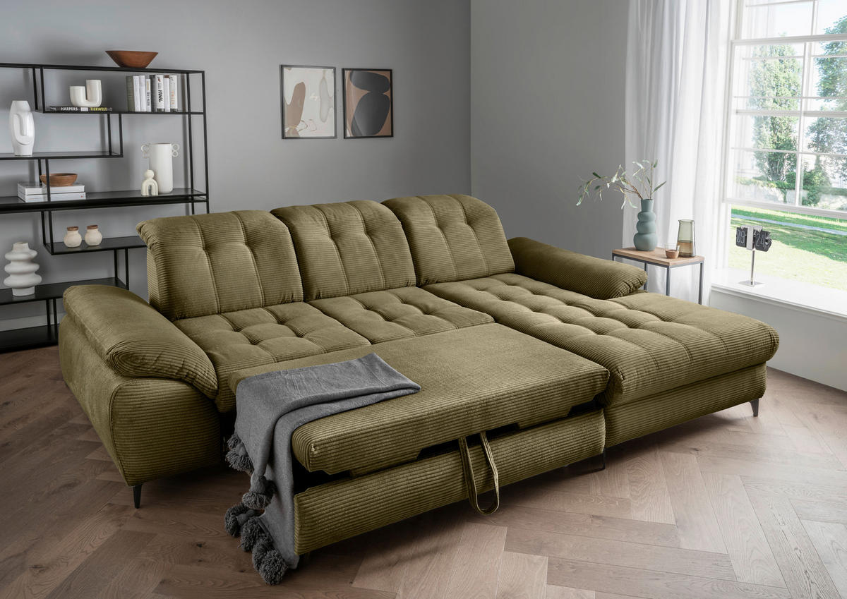 ECKSCHLAFSOFA in Cord Olivgrün  - Schwarz/Olivgrün, Modern, Textil/Metall (273/189cm) - Livetastic