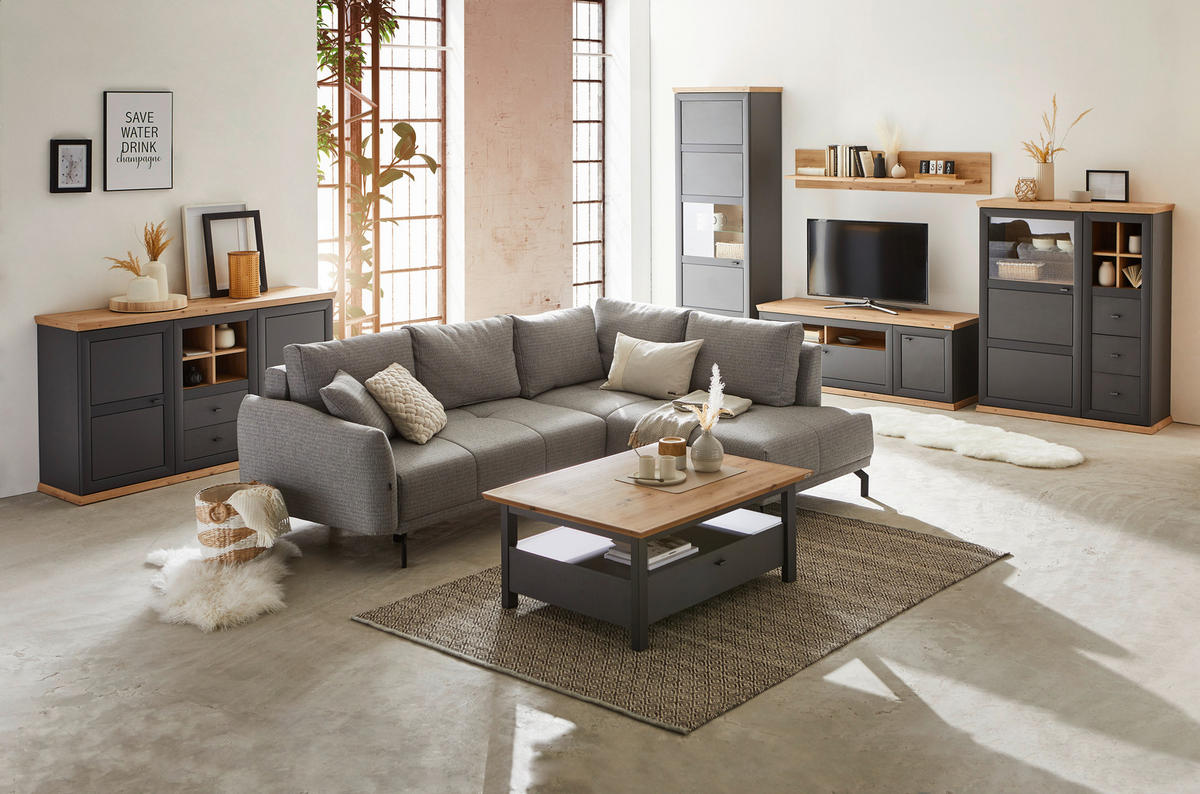 REGAL ZA DNEVNI BORAVAK antracit, boje hrasta   - boje hrasta/antracit, Konvencionalno, staklo/drvni materijal (329,4/209/50,3cm) - Hom`in