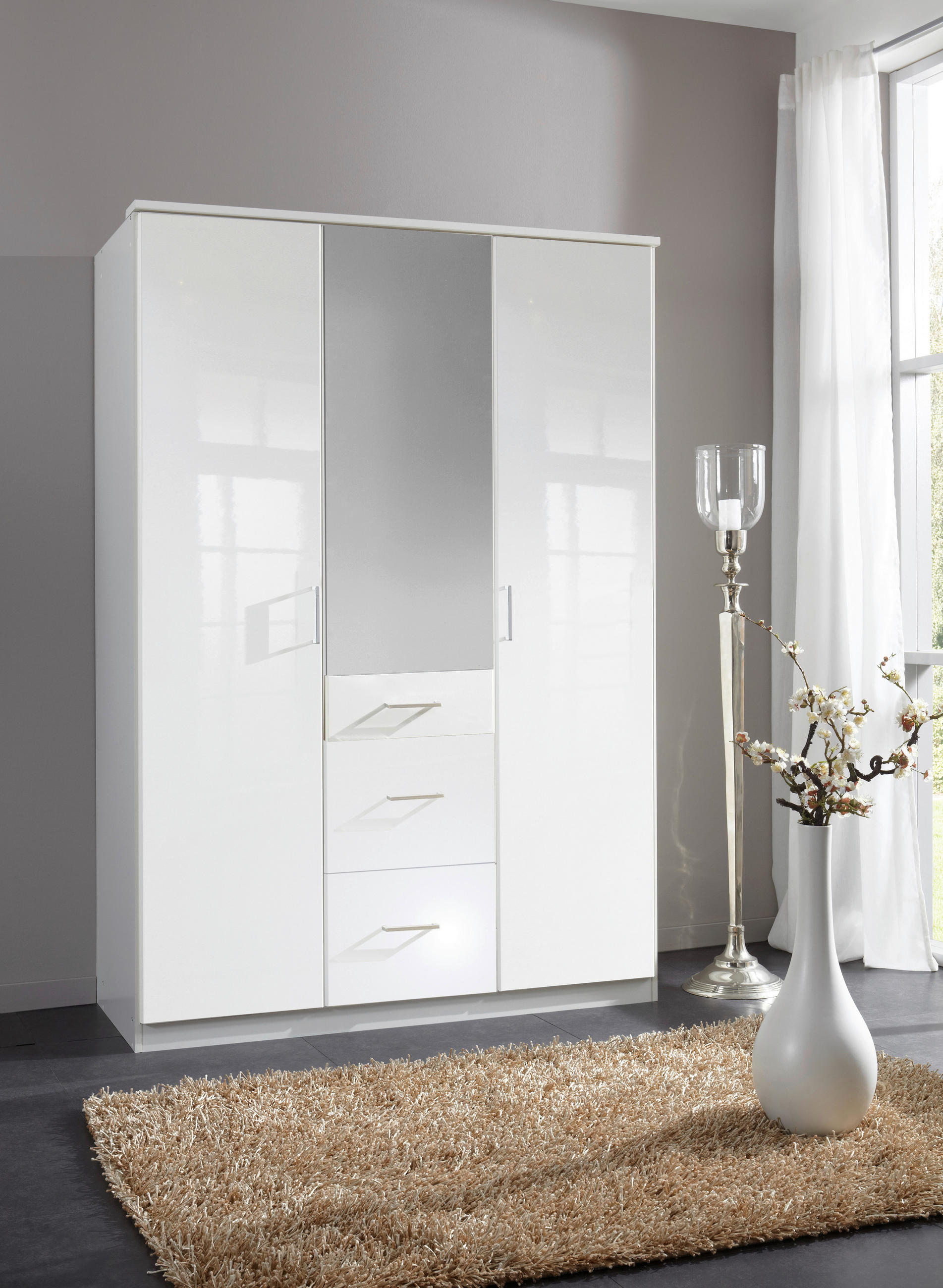 KLEIDERSCHRANK 135/199/58 cm 3-türig Weiß Hochglanz, Weiß, Silberfarben  - Chromfarben/Weiß Hochglanz, Basics, Holzwerkstoff (135/199/58cm) - MID.YOU