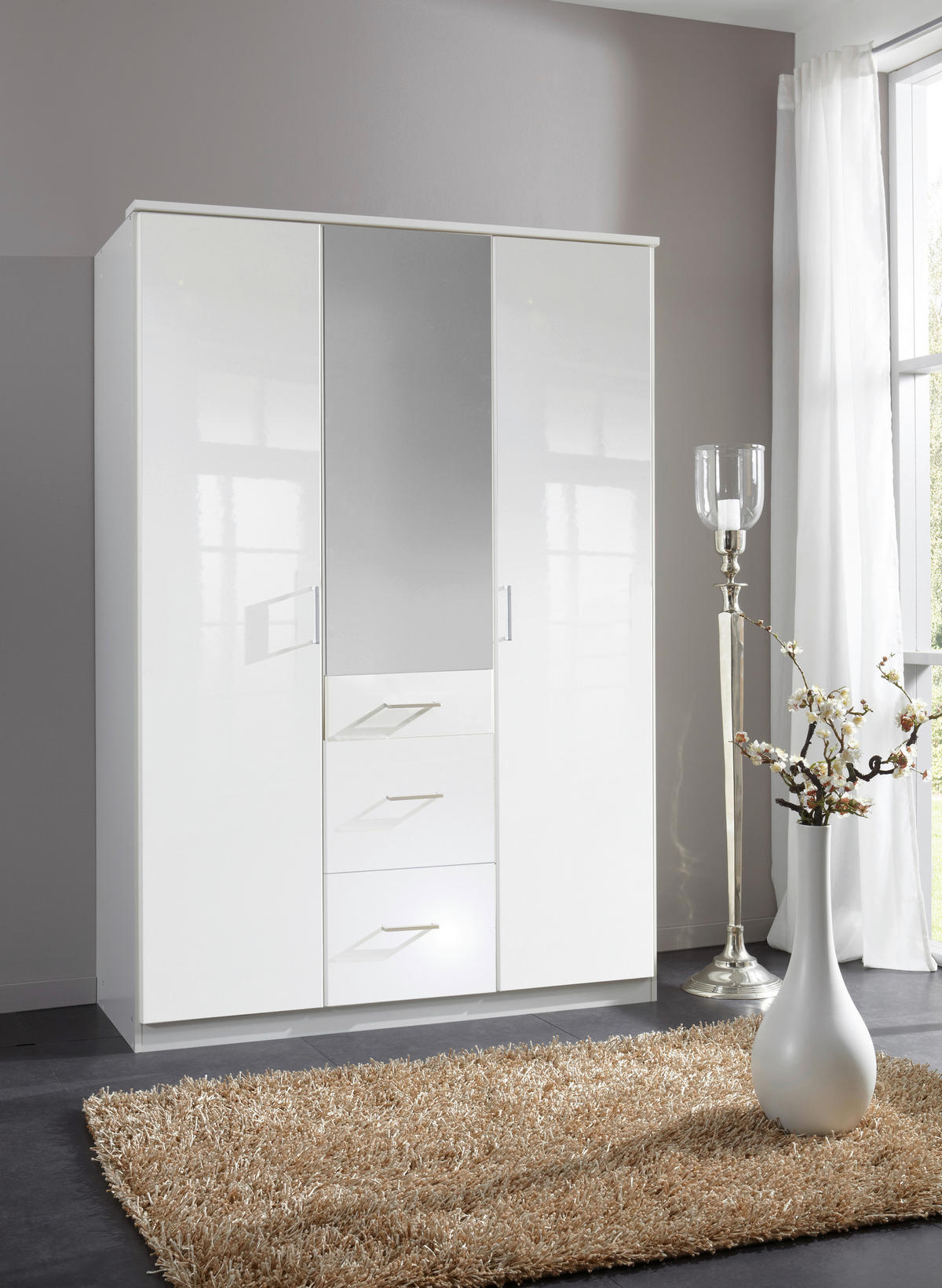 KLEIDERSCHRANK  in Weiß Hochglanz, Weiß, Silberfarben  - Chromfarben/Weiß Hochglanz, Basics, Holzwerkstoff (135/199/58cm) - MID.YOU