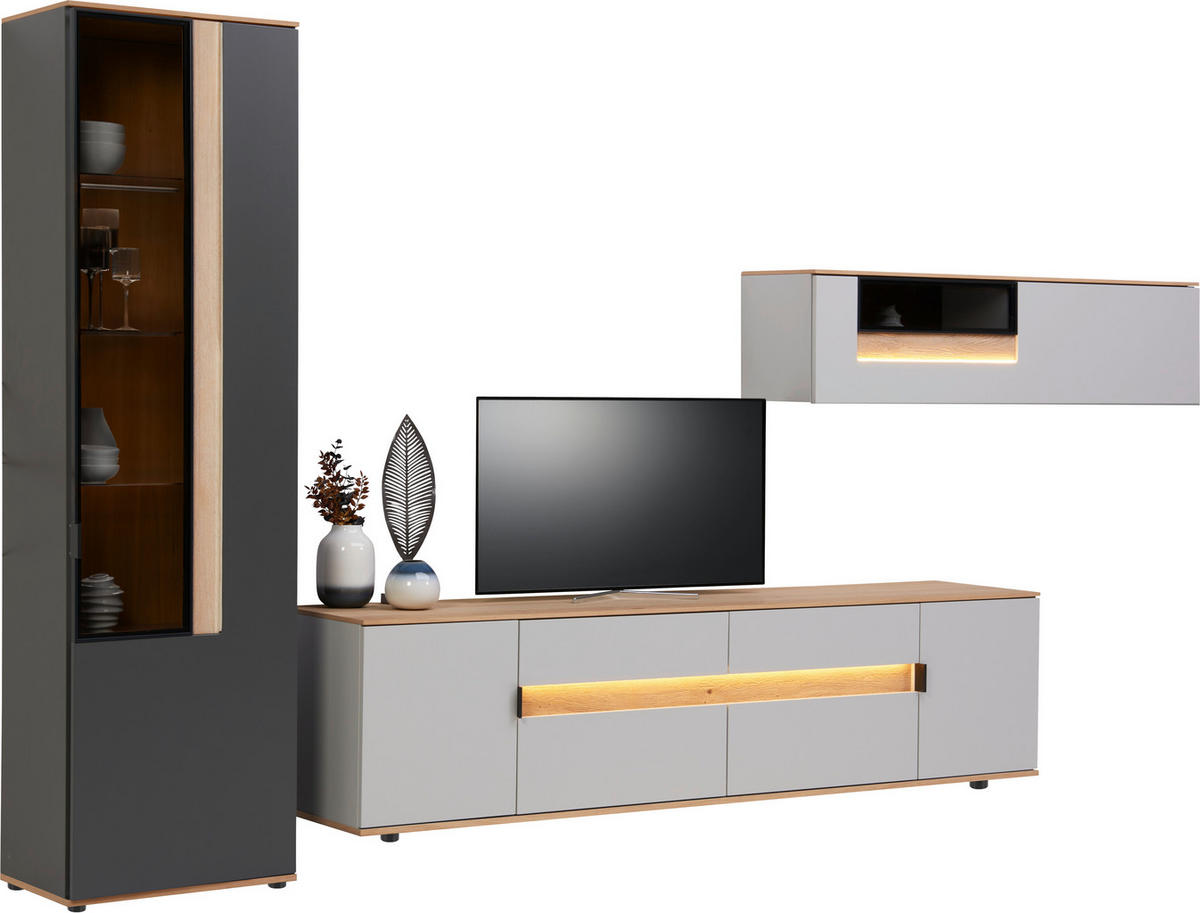 WOHNWAND CREMONA 4-teilig  in Anthrazit, Eichefarben, Hellgrau    - Eichefarben/Anthrazit, Design, Glas/Holz (370/214,6/48cm) - Dieter Knoll