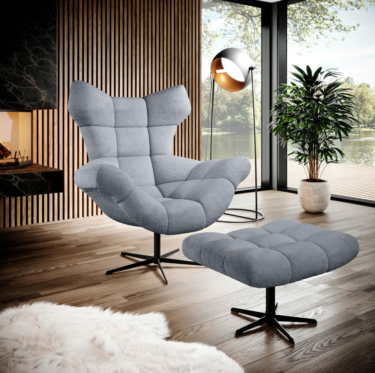 OHRENSESSEL in Chenille Graublau  - Graublau/Schwarz, Design, Textil/Metall (103/119/84cm) - Esposa