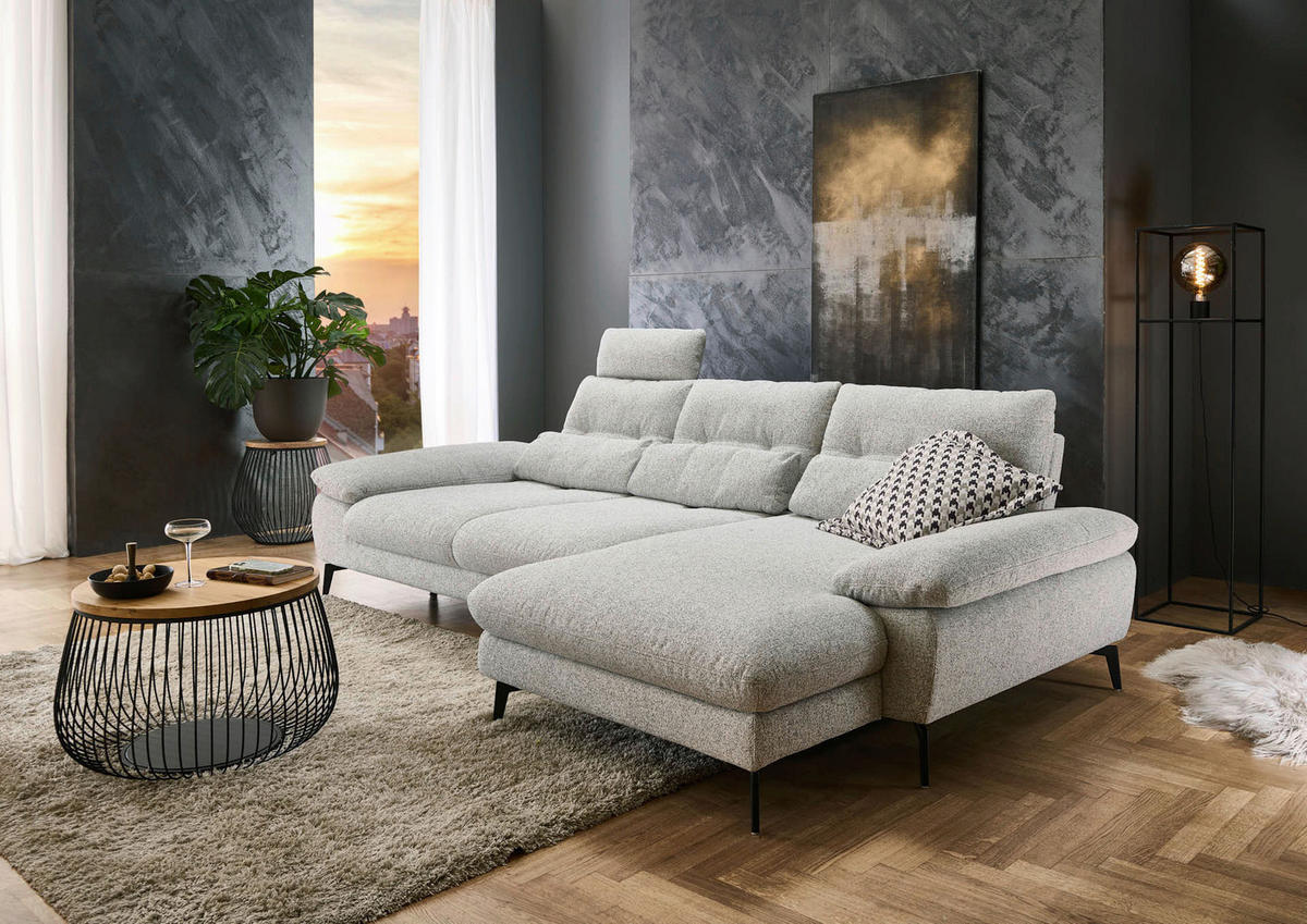 ECKSOFA Hellgrau Flachgewebe  - Hellgrau/Schwarz, Design, Textil/Metall (303/168cm) - Valdera