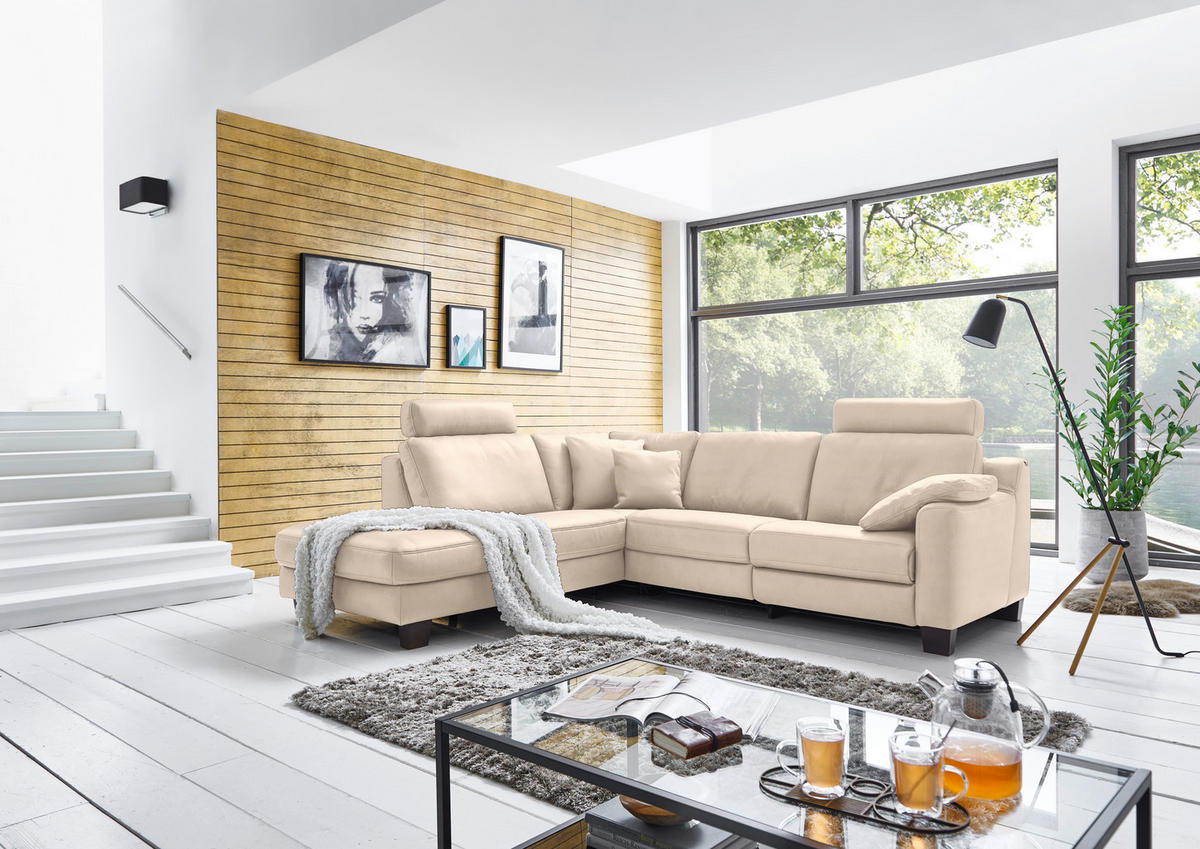 ECKSOFA in Echtleder Beige  - Eichefarben/Beige, Design, Leder/Holz (235/259cm) - Valdera