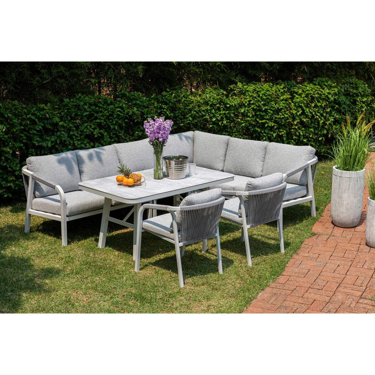 DINING-LOUNGESET  - Weiß/Grau, MODERN, Glas/Textil - Gardenson